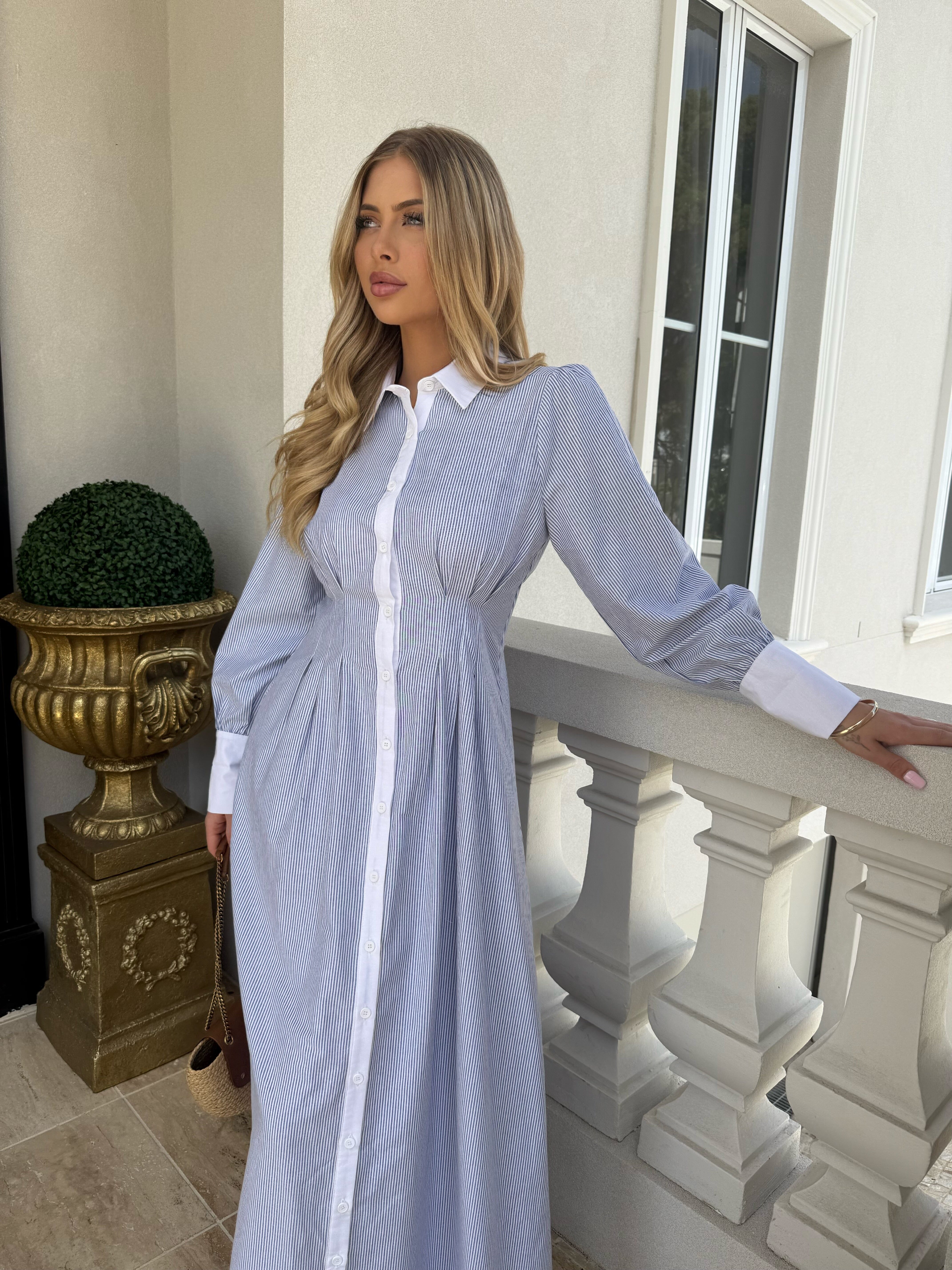 Pinstripe Gathered Dress