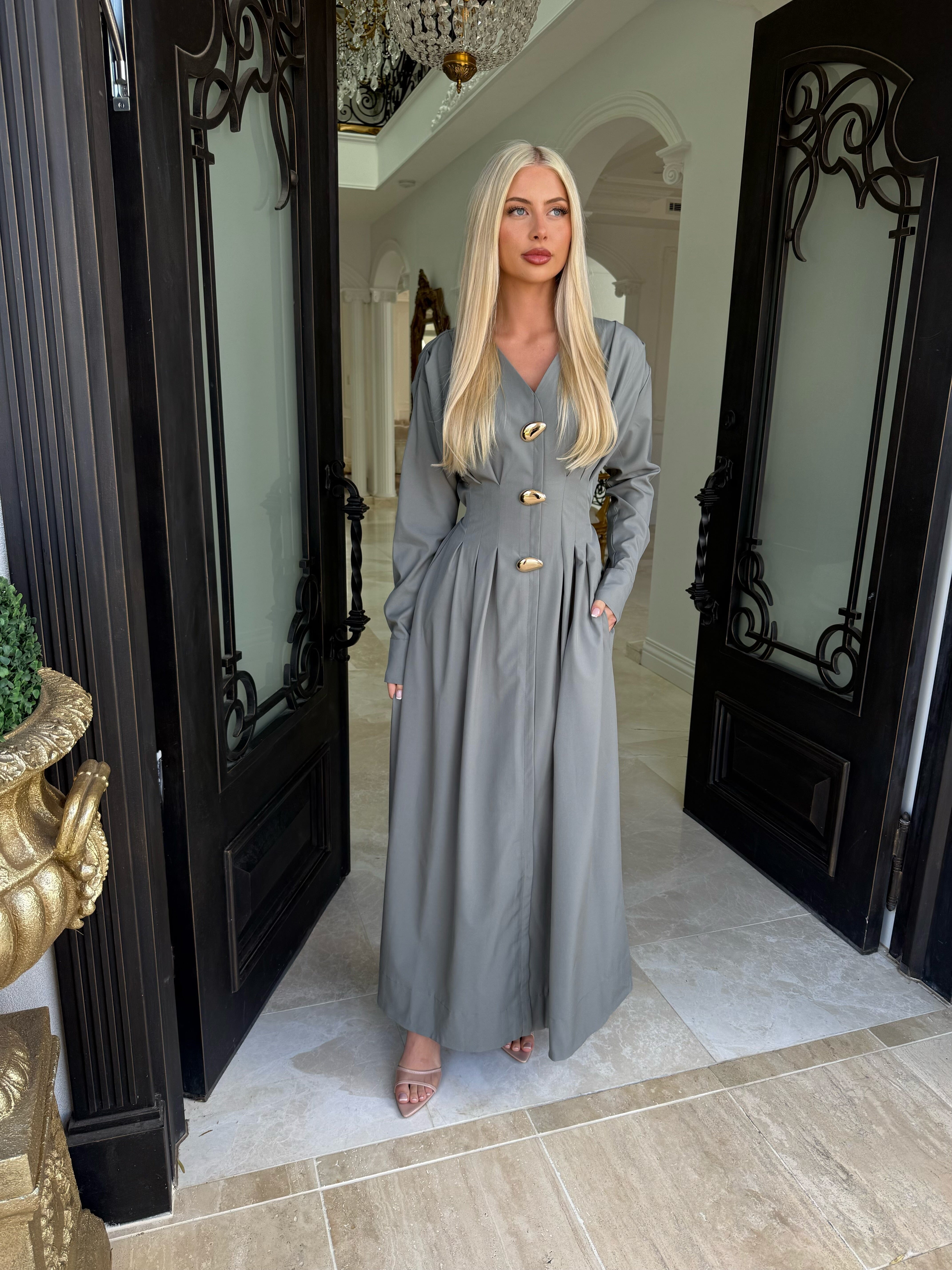 Pleated Gold Button Dress