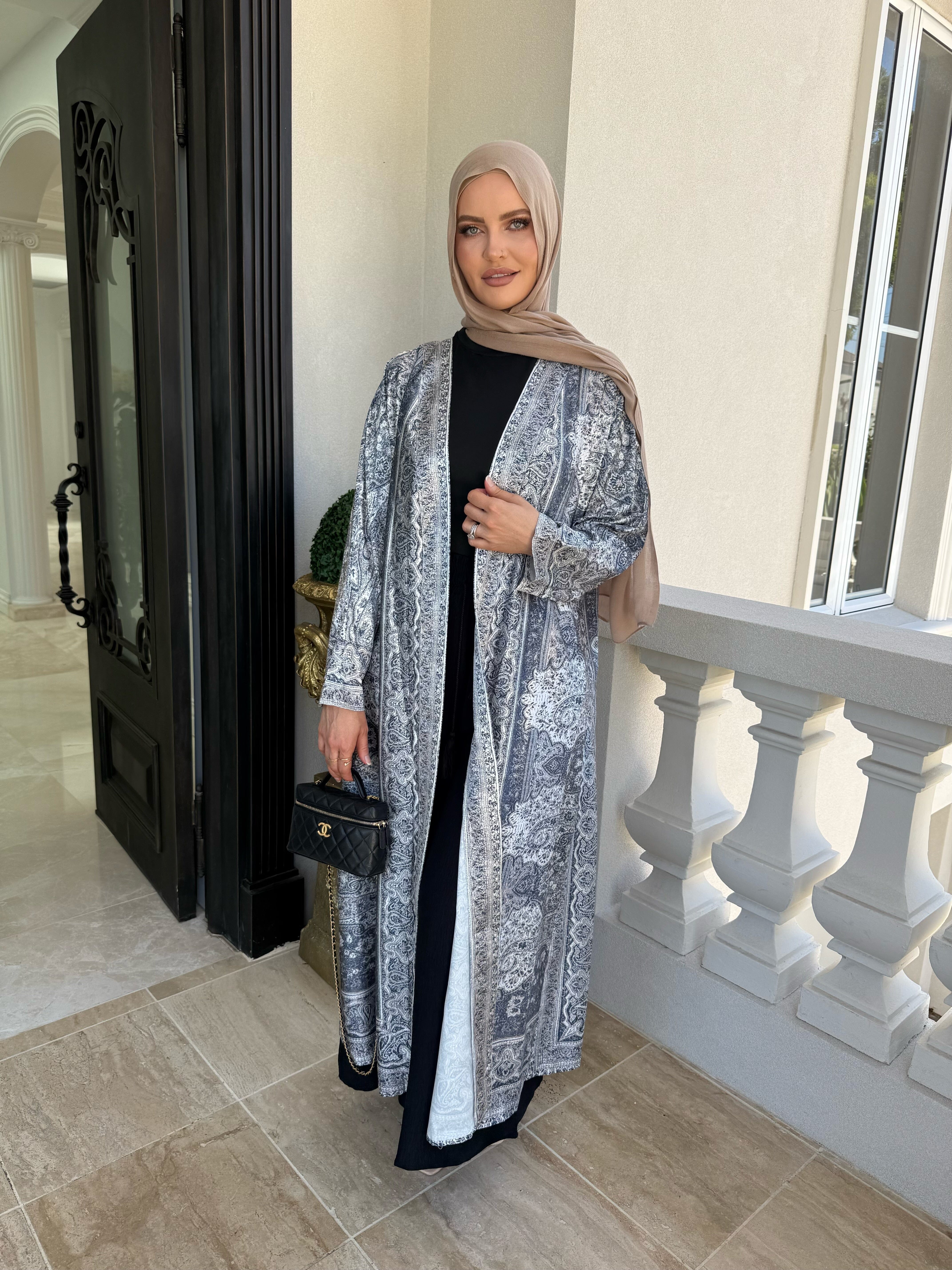 Pashmina Grey Satin Open Abaya