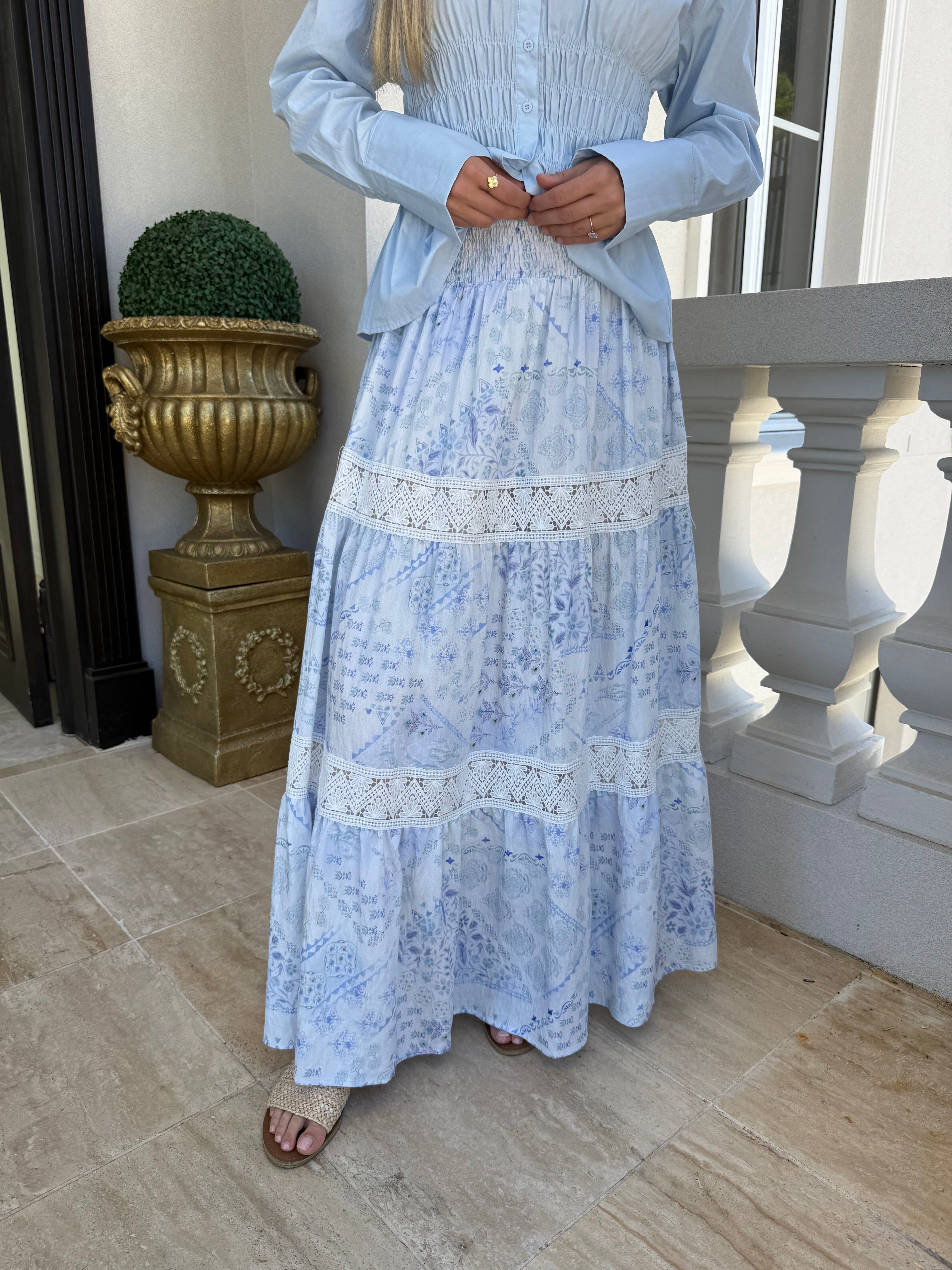Blue Printed Lace Skirt