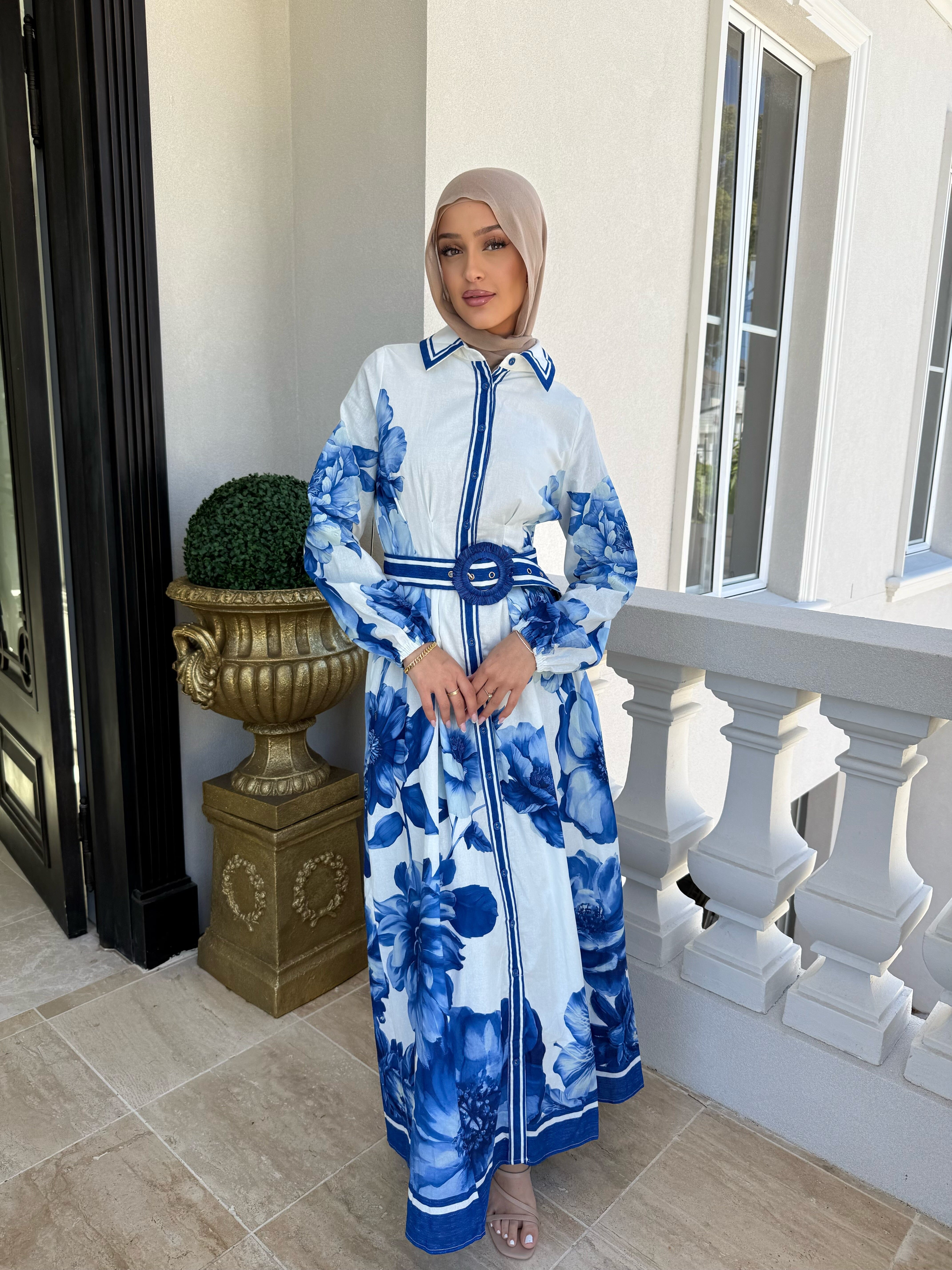 Linen Blue Floral Dress