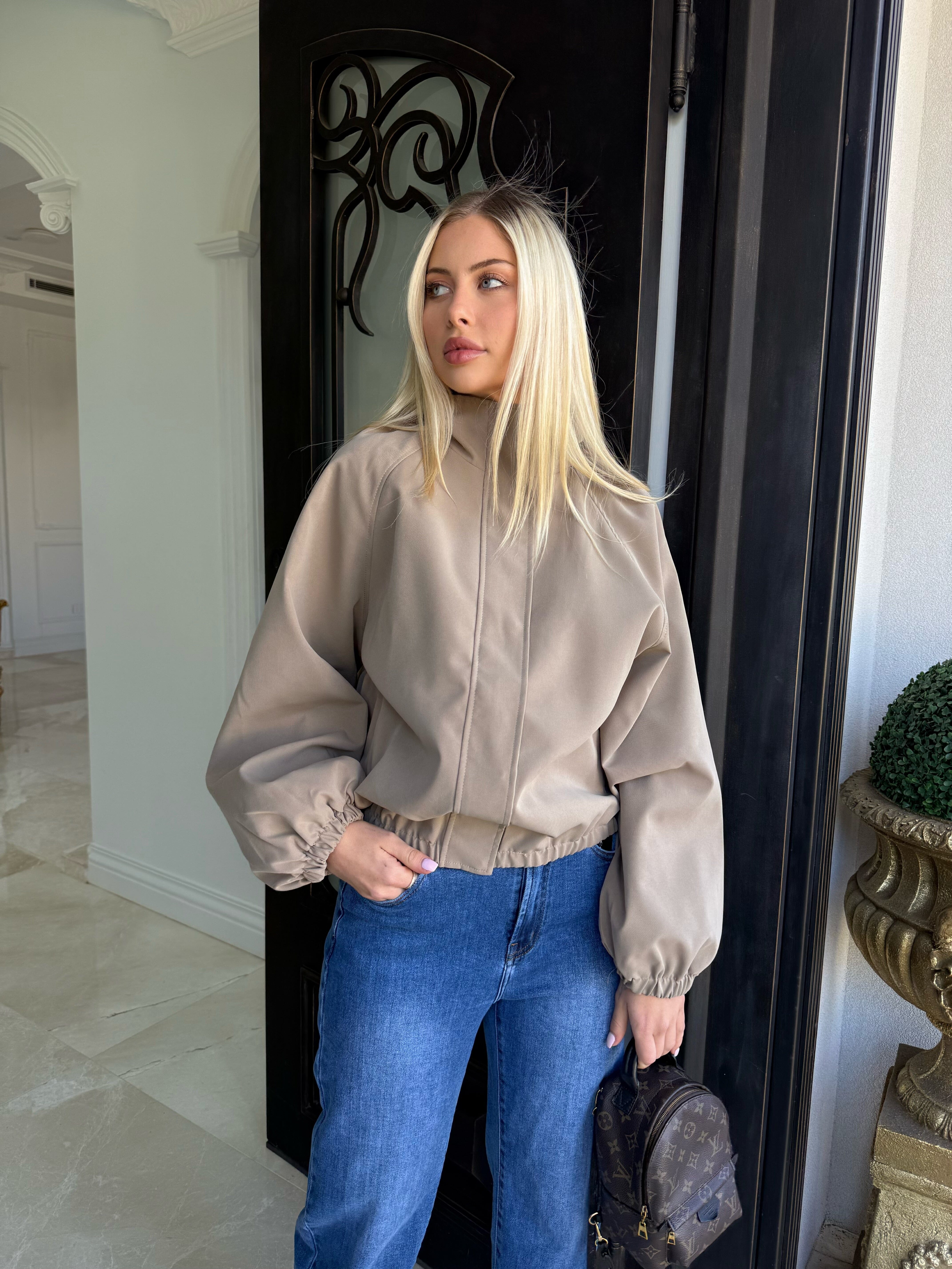 Beige Zip Bomber Jacket