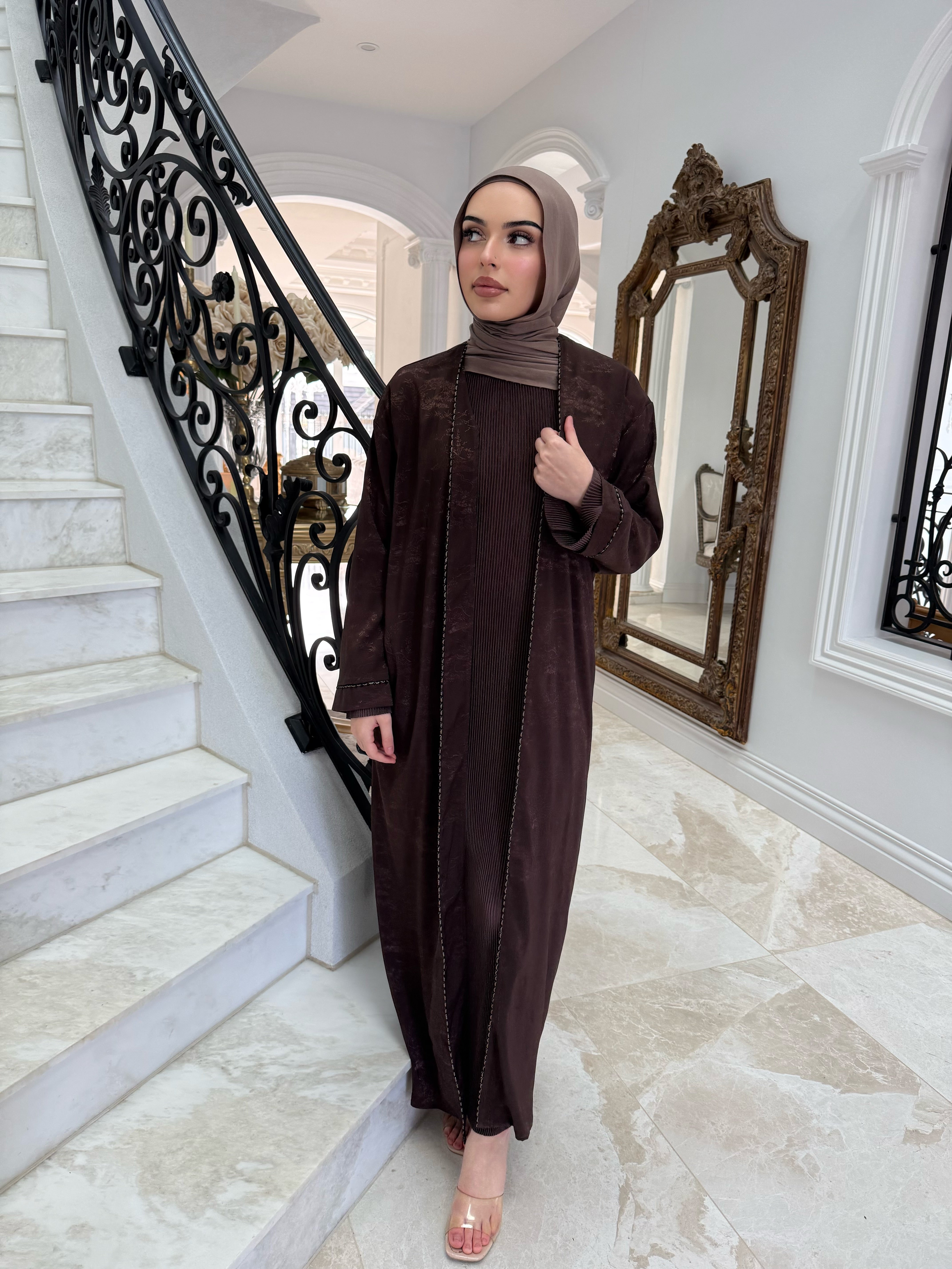 Brown Pleated Abaya Set