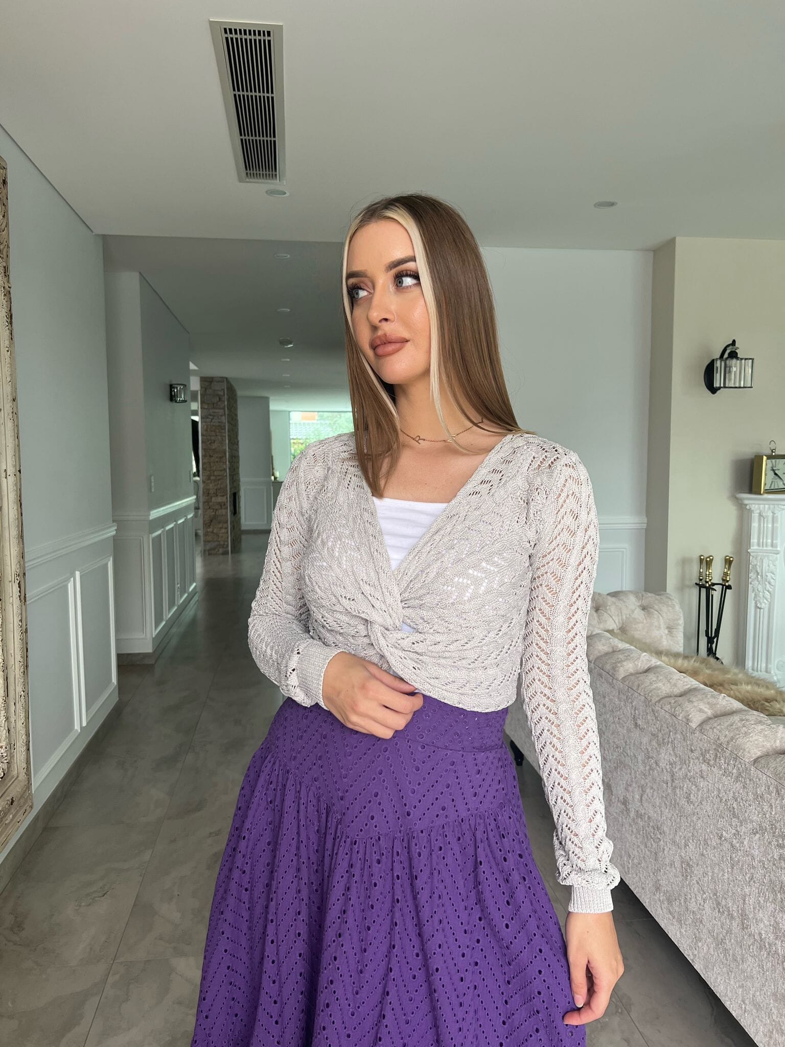 Grey Knit/ Crochet Top