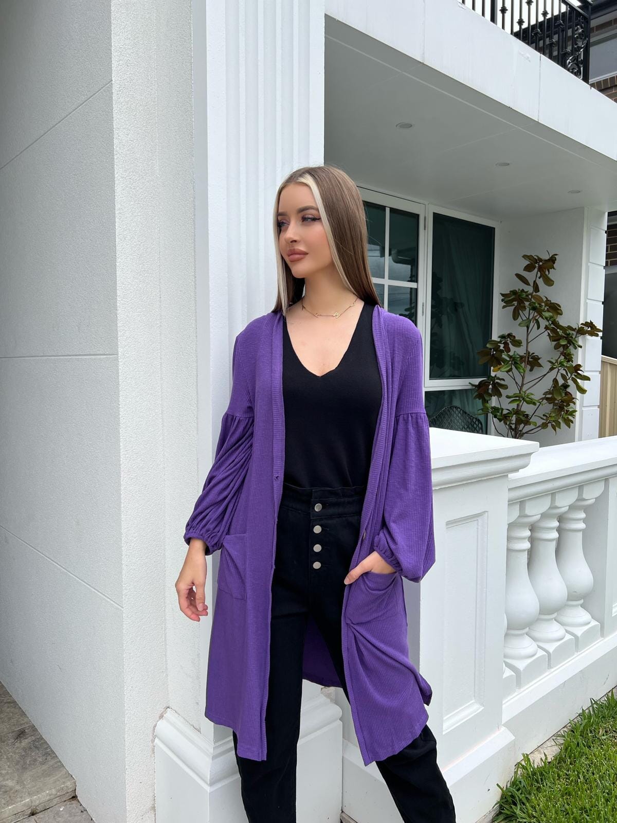 Purple Ribbed Cardigan