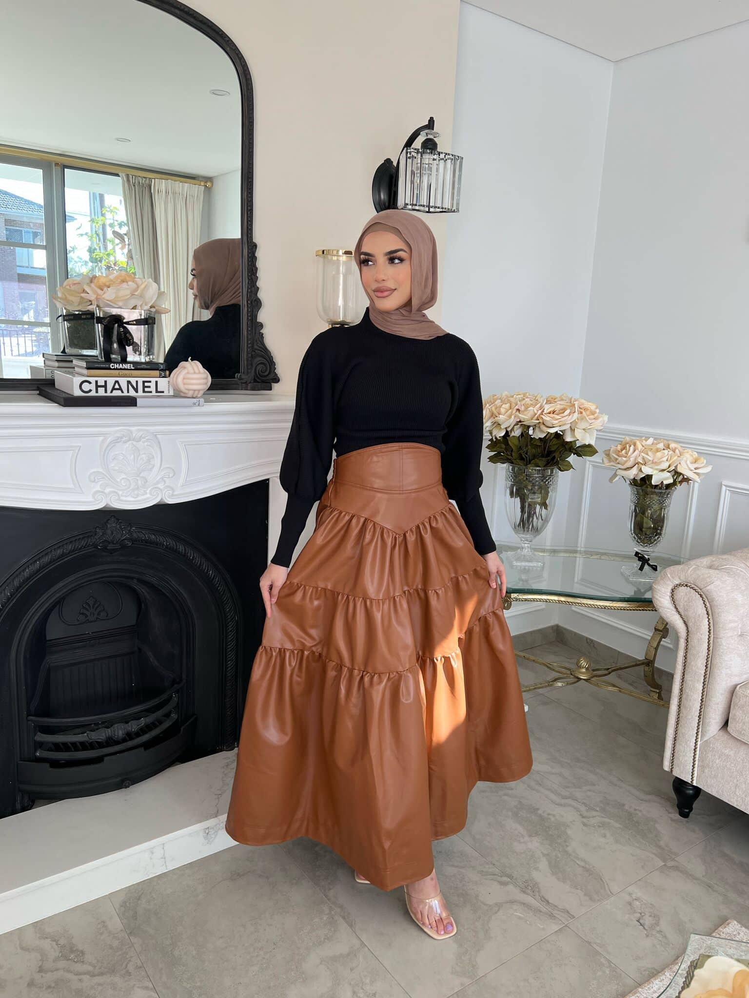 Tan Leather Ruffle Skirt