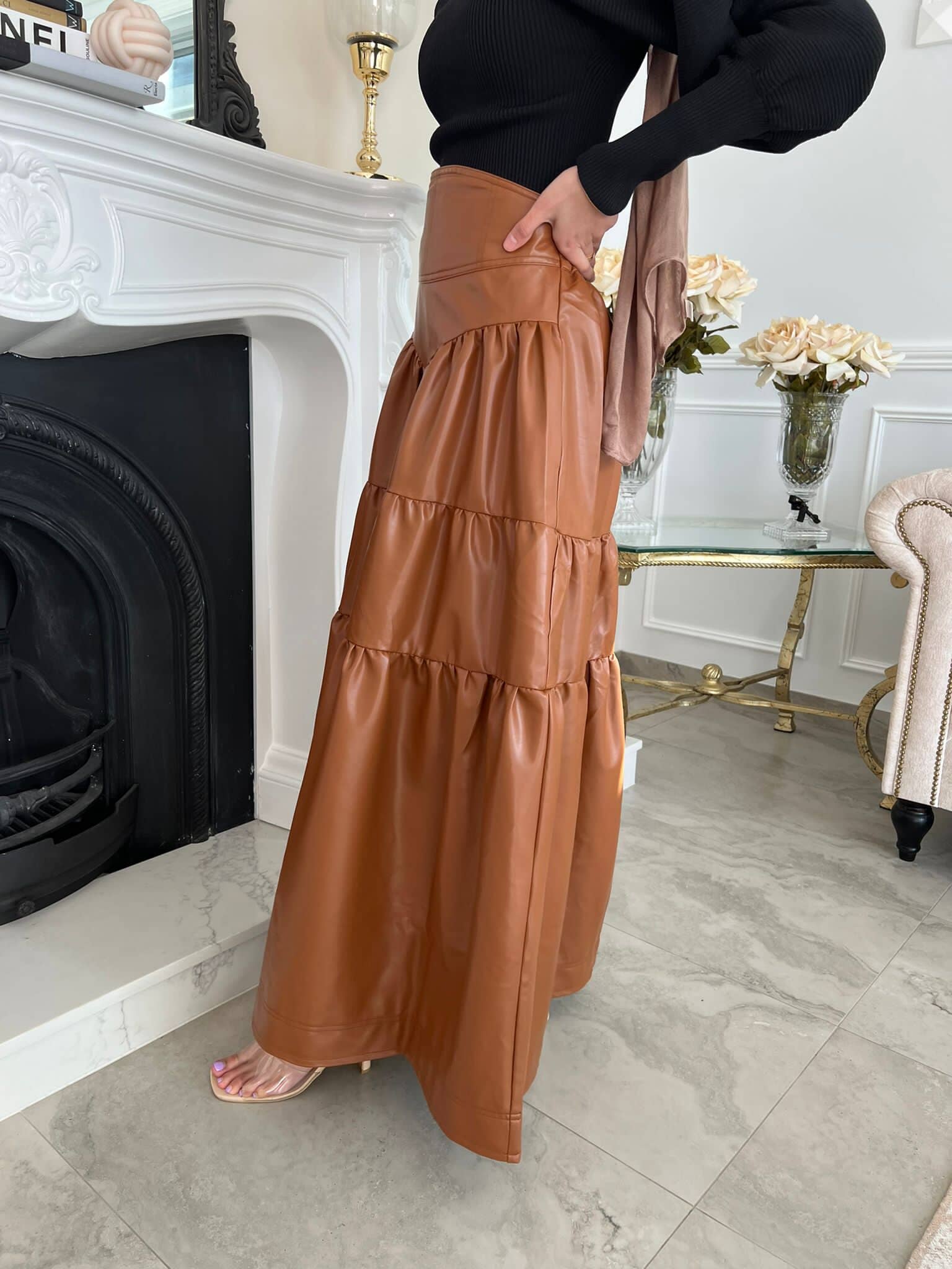 Tan Leather Ruffle Skirt