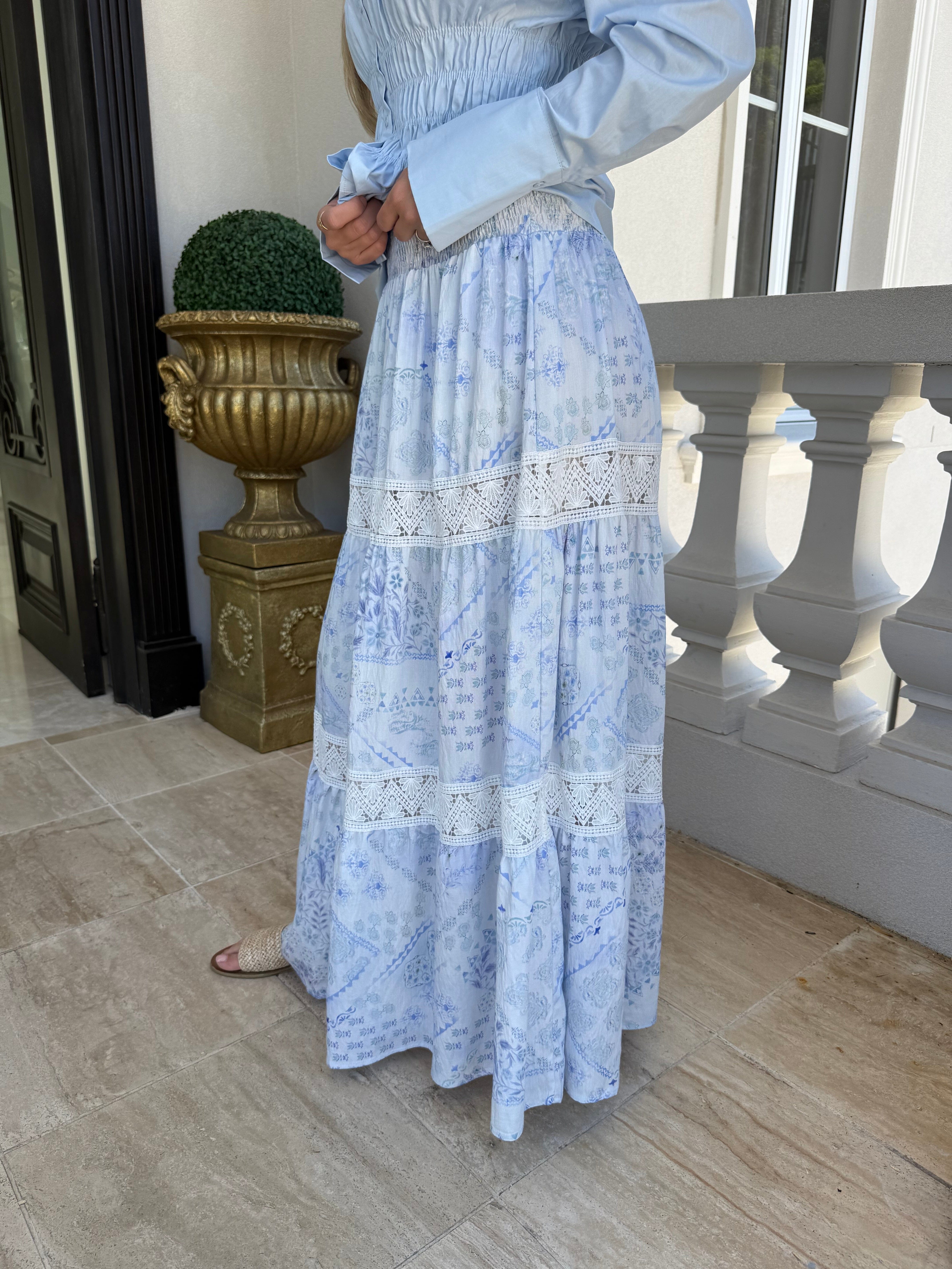 Blue Printed Lace Skirt