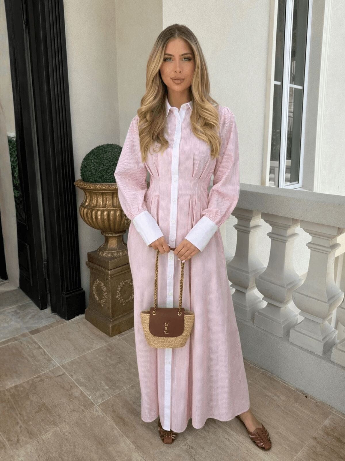 Pinstripe Gathered Dress