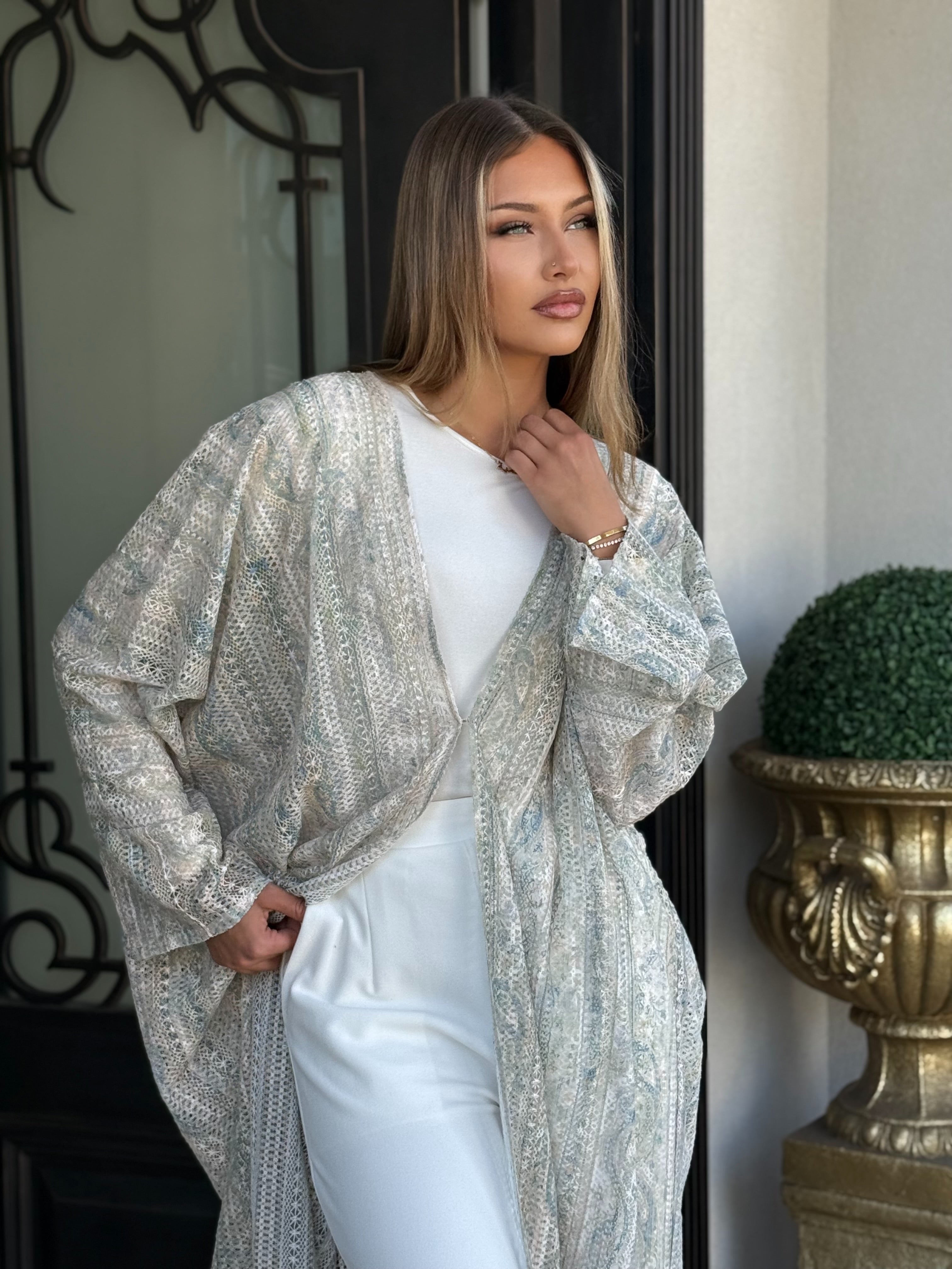 Mint Floral Crochet Kimono
