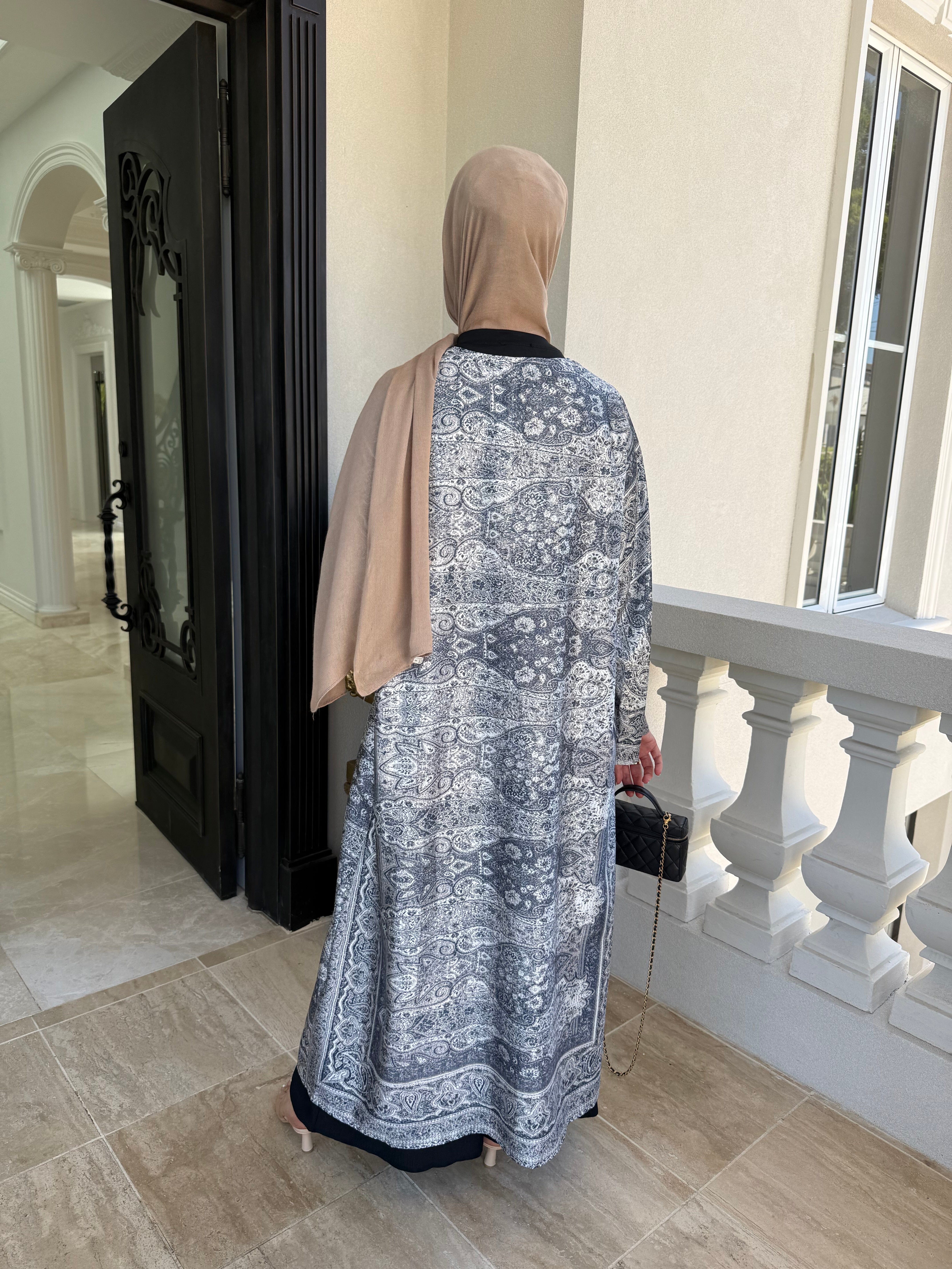 Pashmina Grey Satin Open Abaya