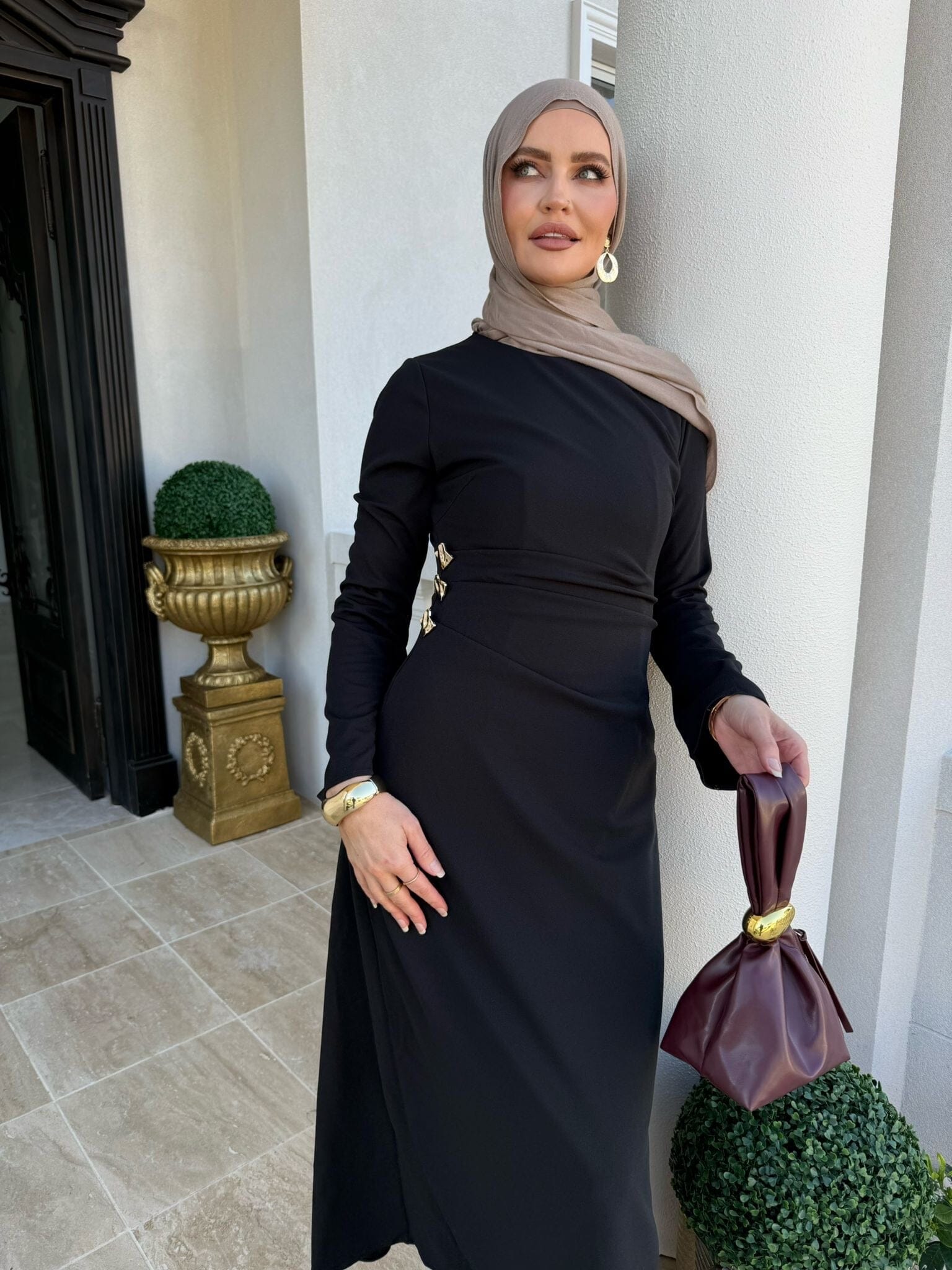 Gathered Gold Button Dress