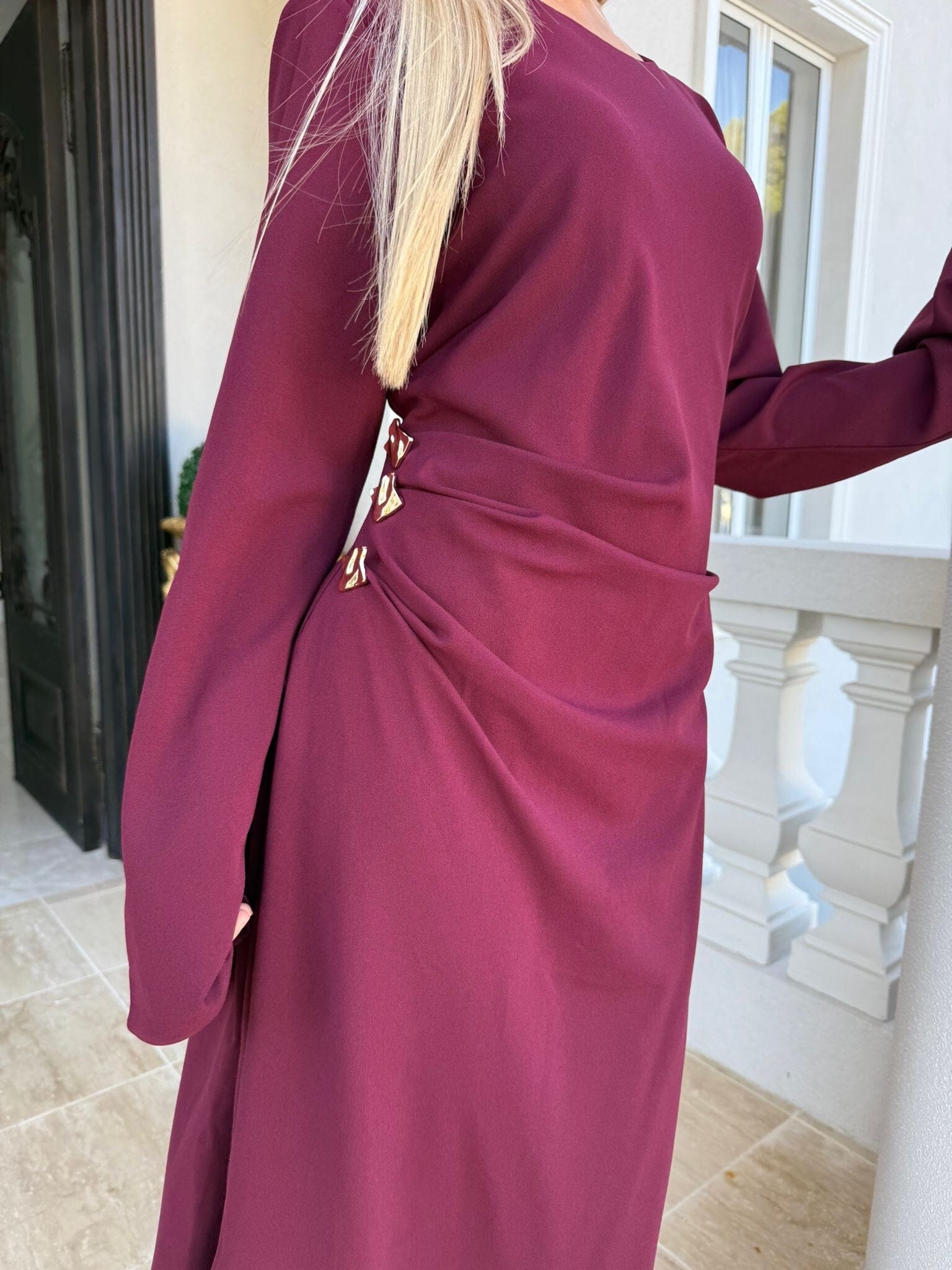 Gathered Gold Button Dress