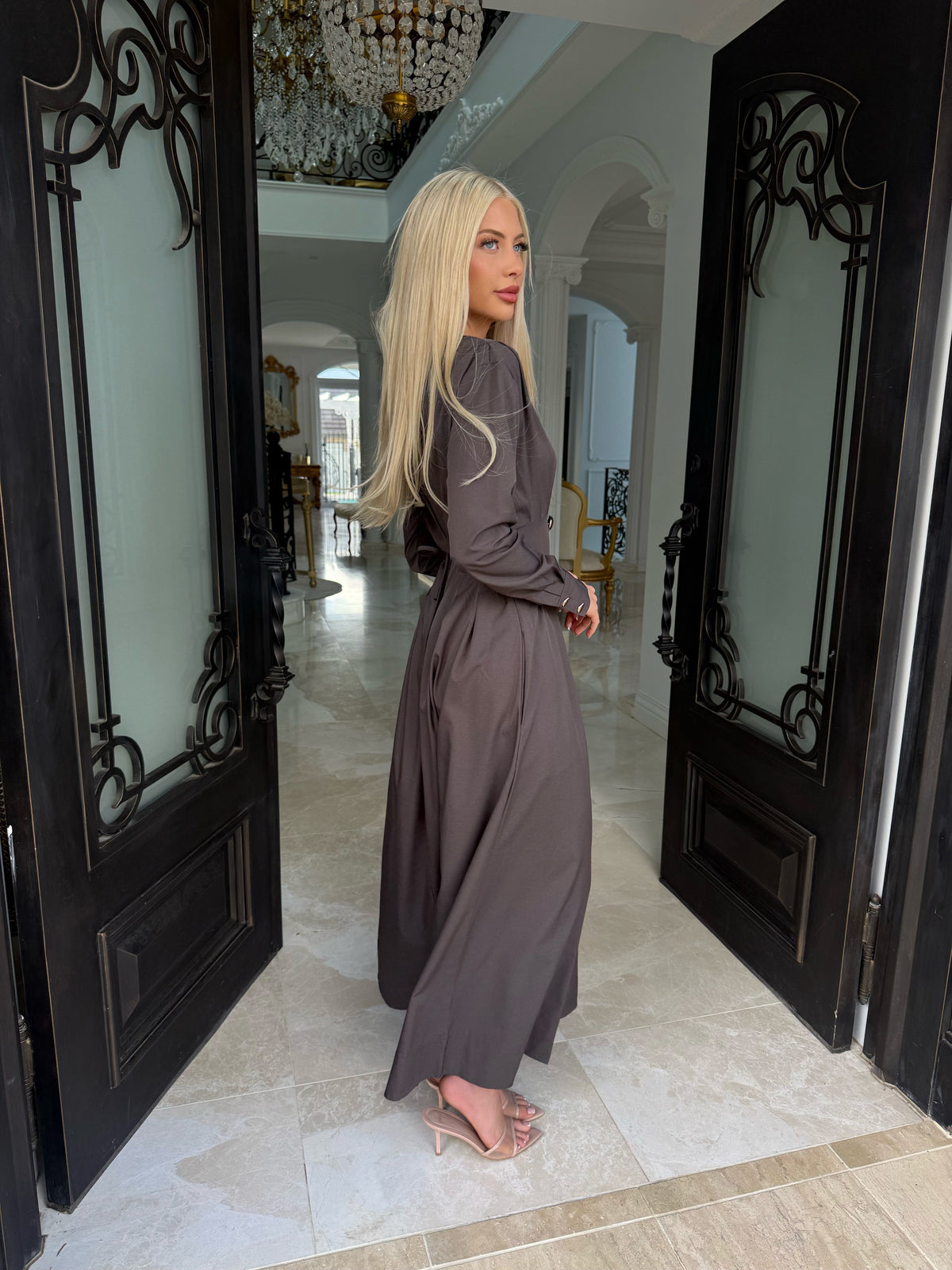 Pleated Gold Button Dress