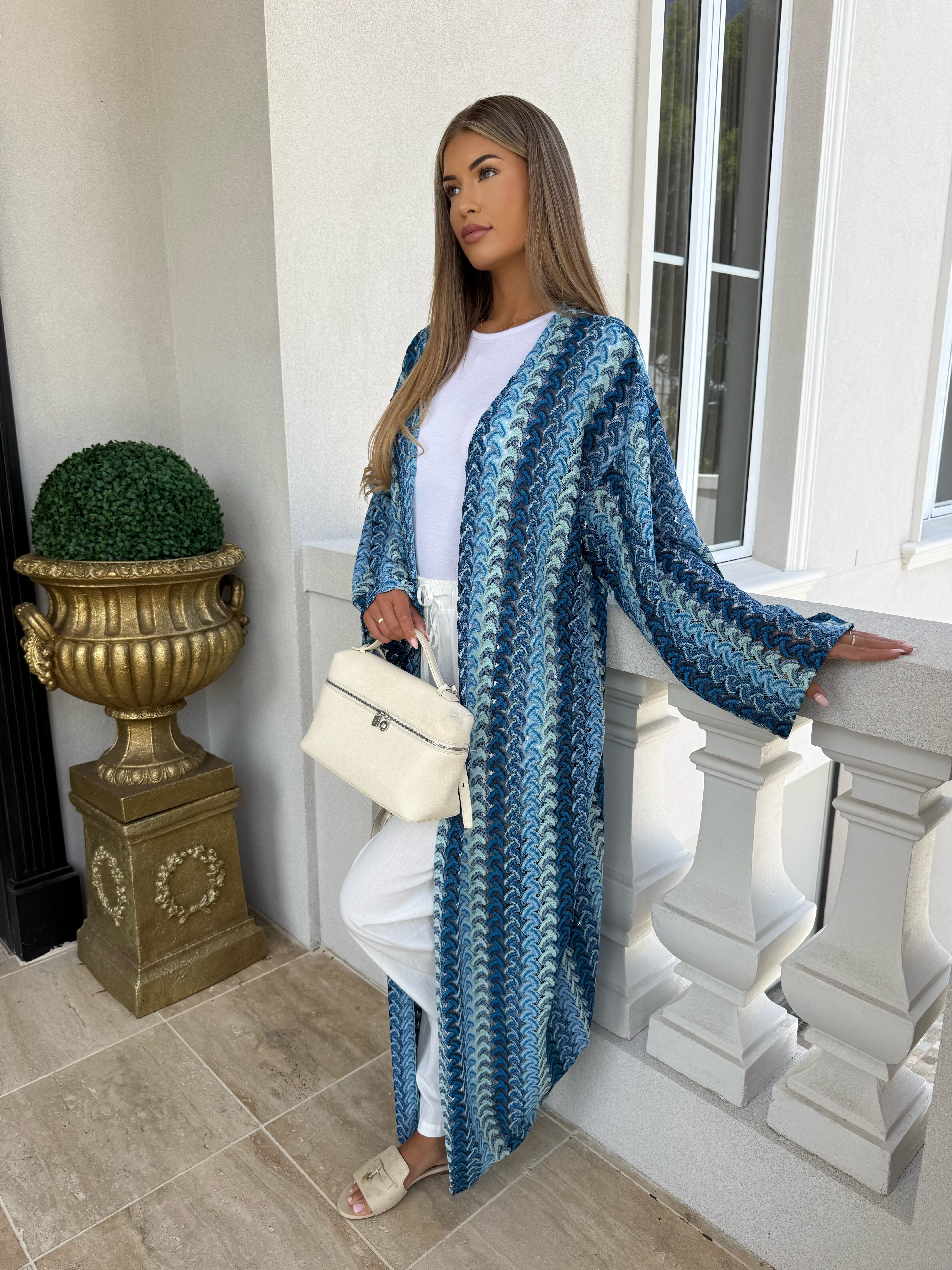 Blue Aztec Crochet Open Abaya