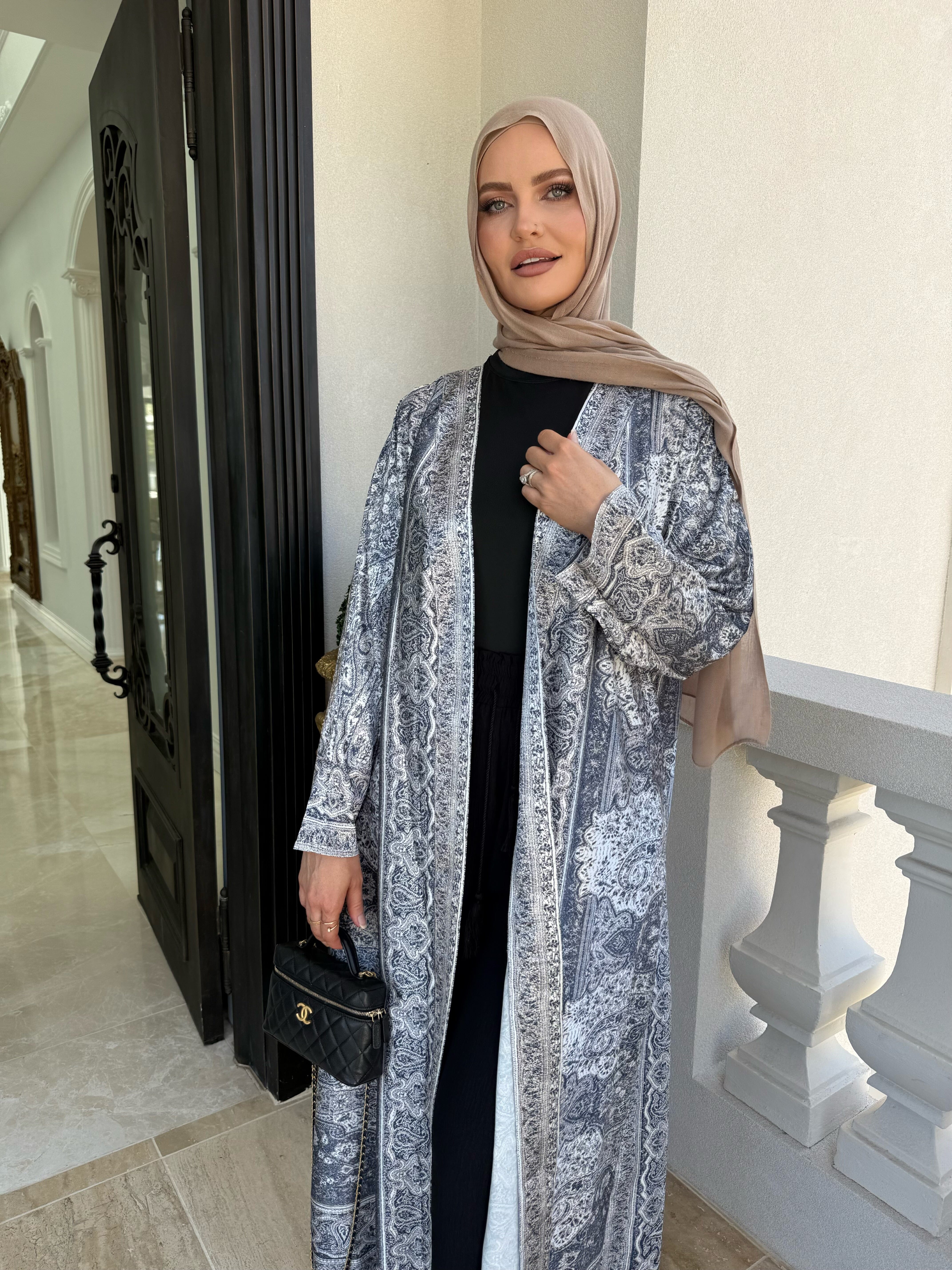 Pashmina Grey Satin Open Abaya