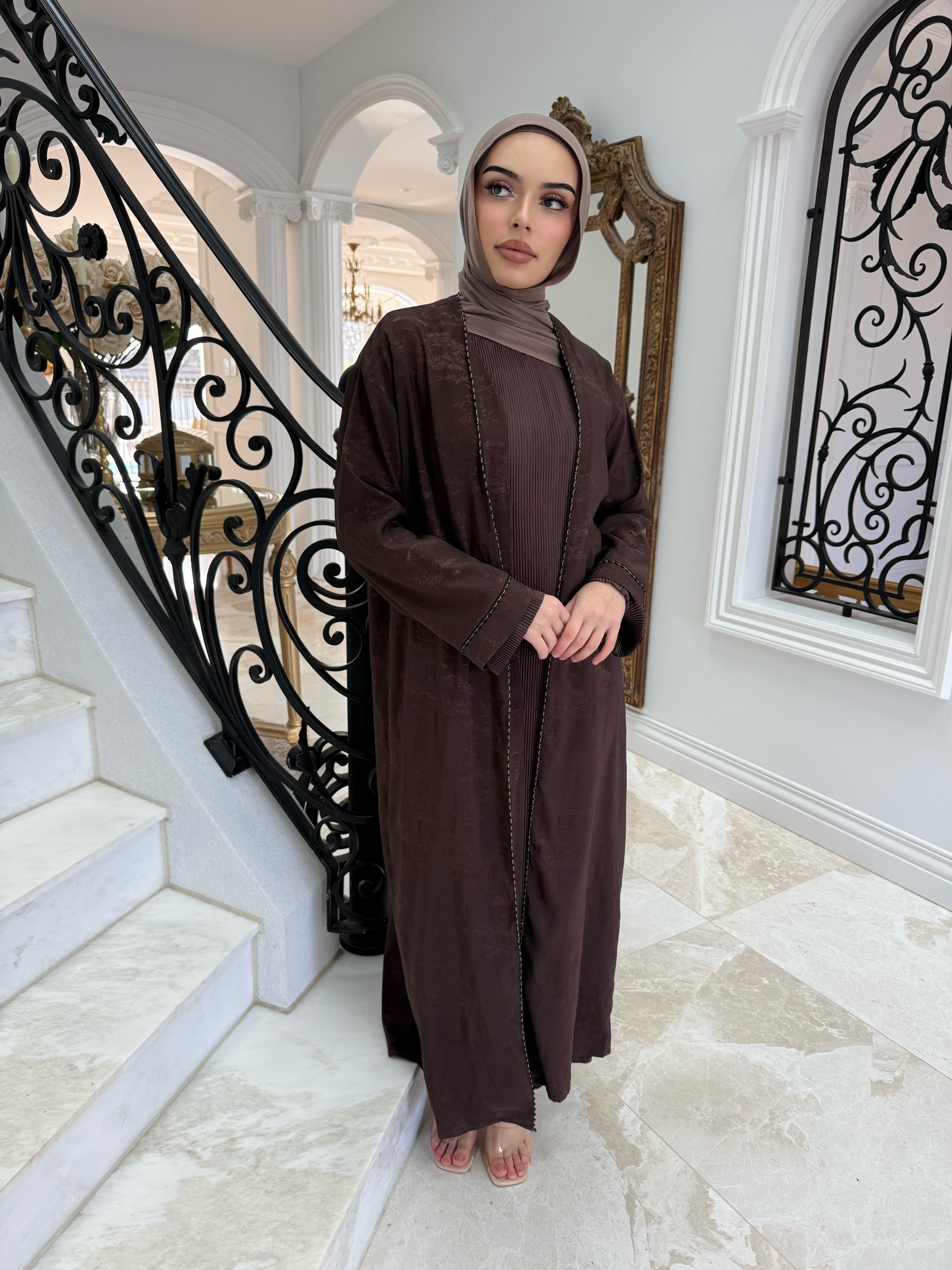 Brown Pleated Abaya Set