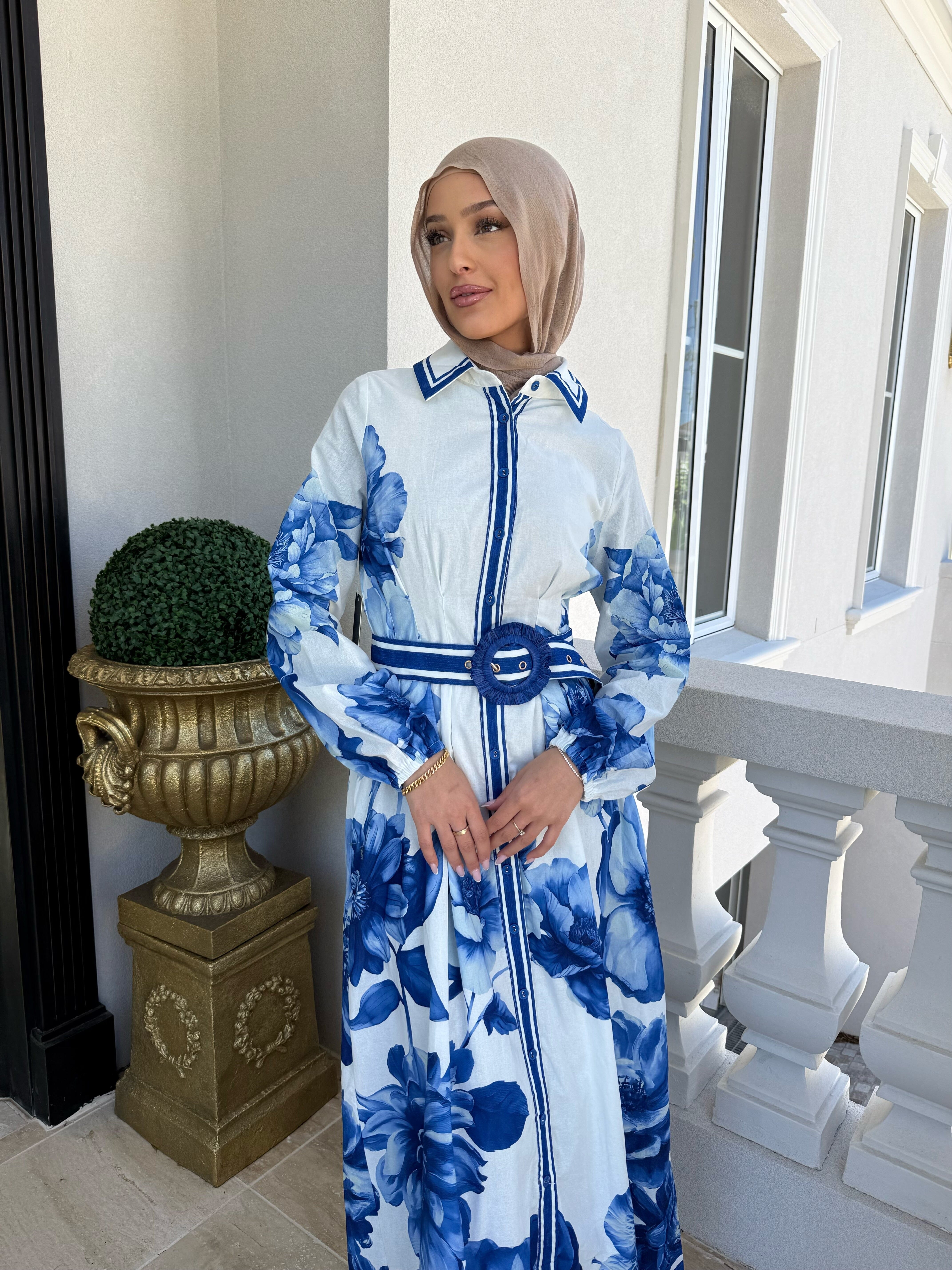 Linen Blue Floral Dress