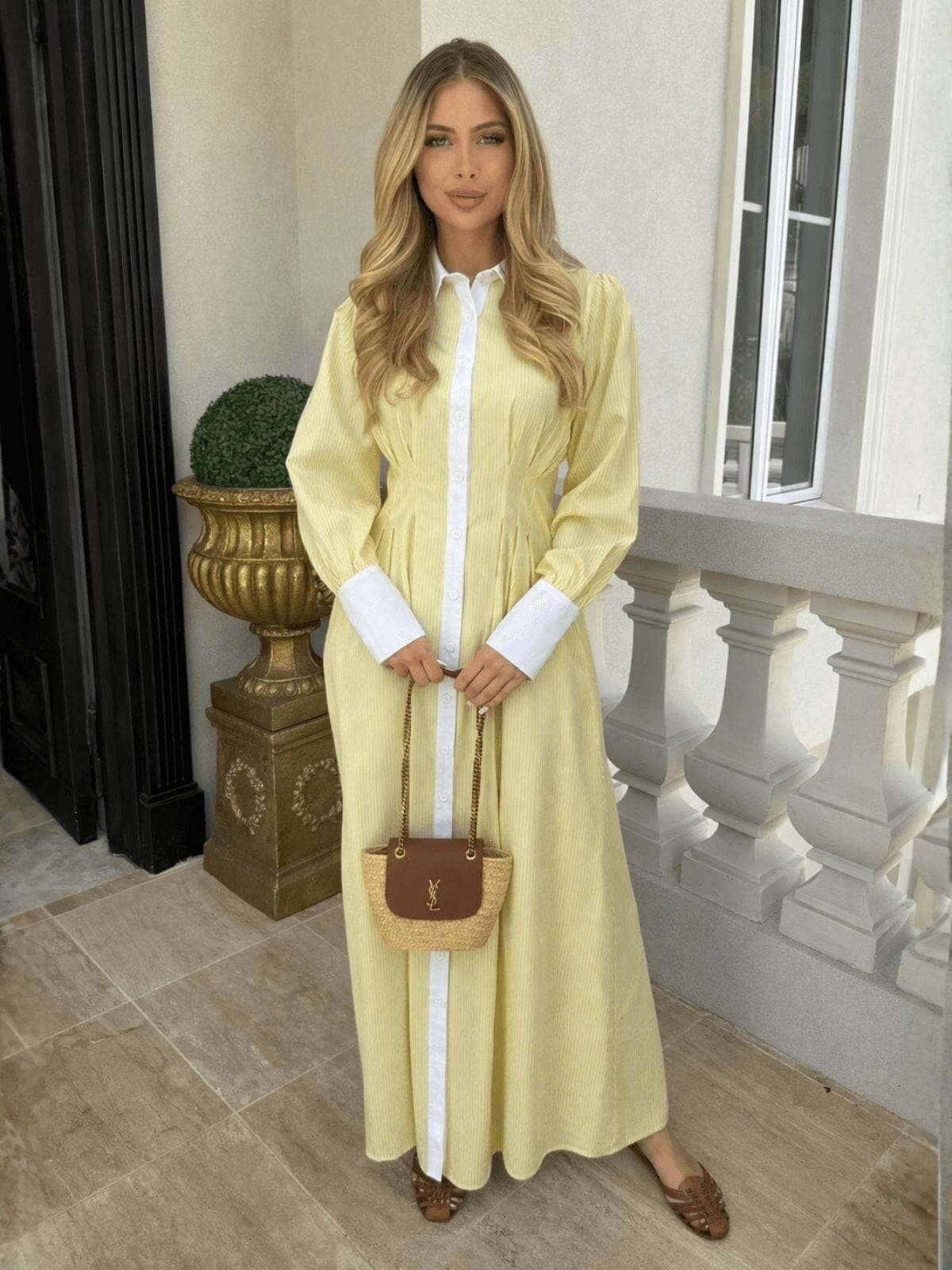 Pinstripe Gathered Dress