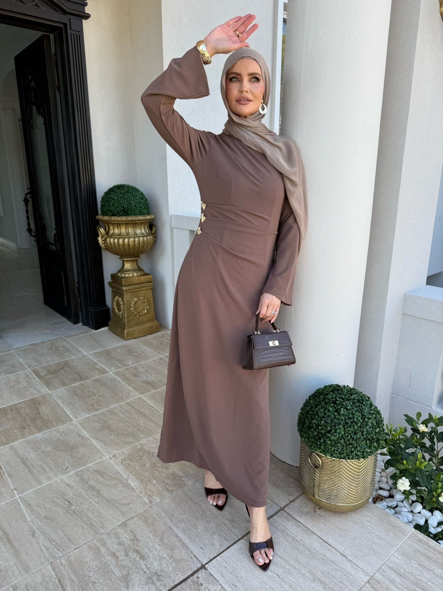 Gathered Gold Button Dress
