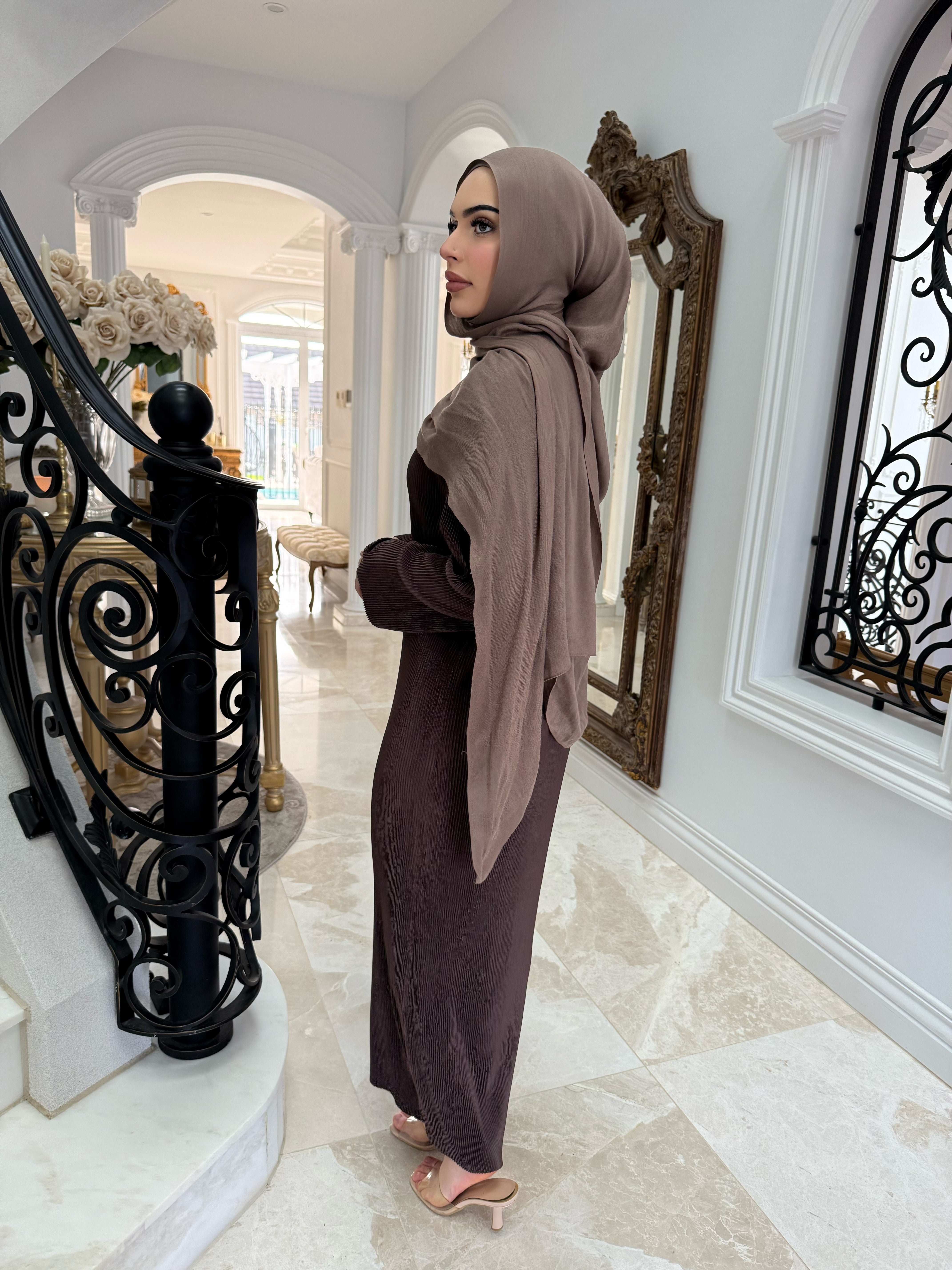 Brown Pleated Abaya Set