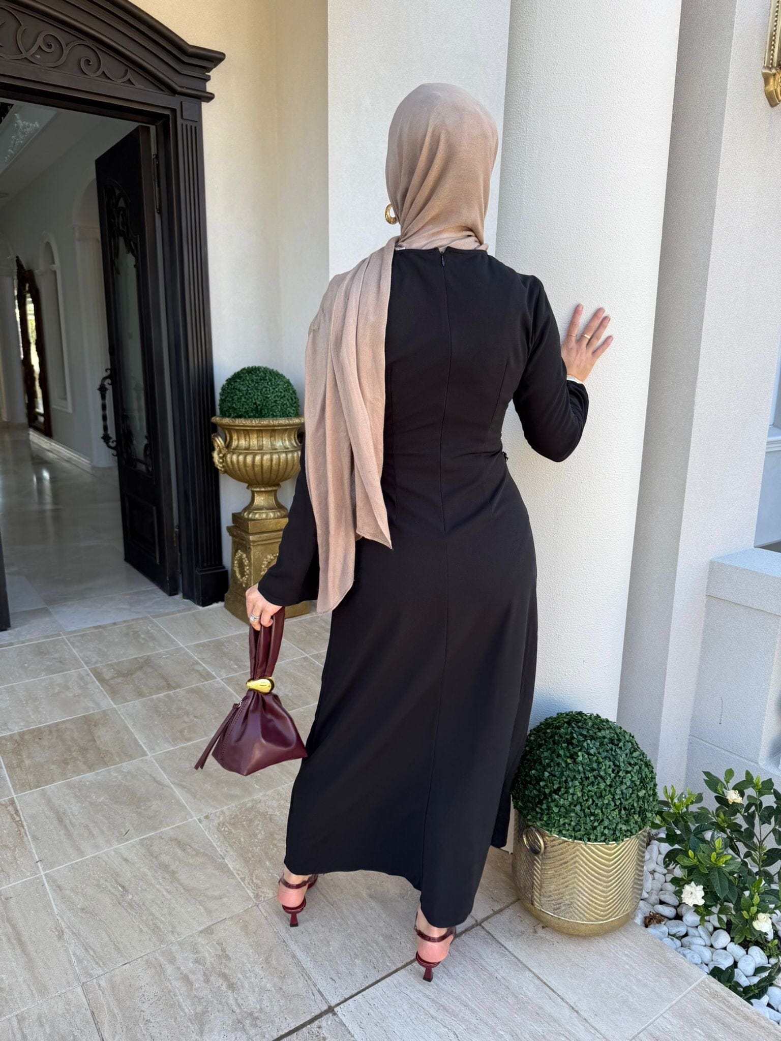Gathered Gold Button Dress