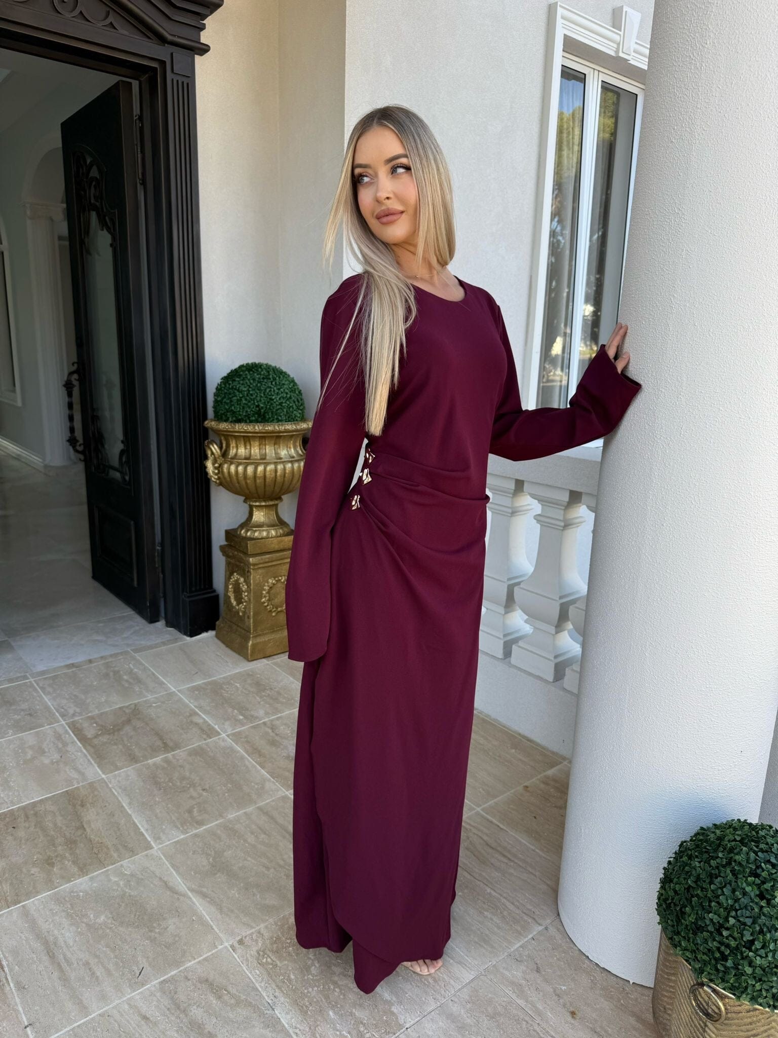 Gathered Gold Button Dress