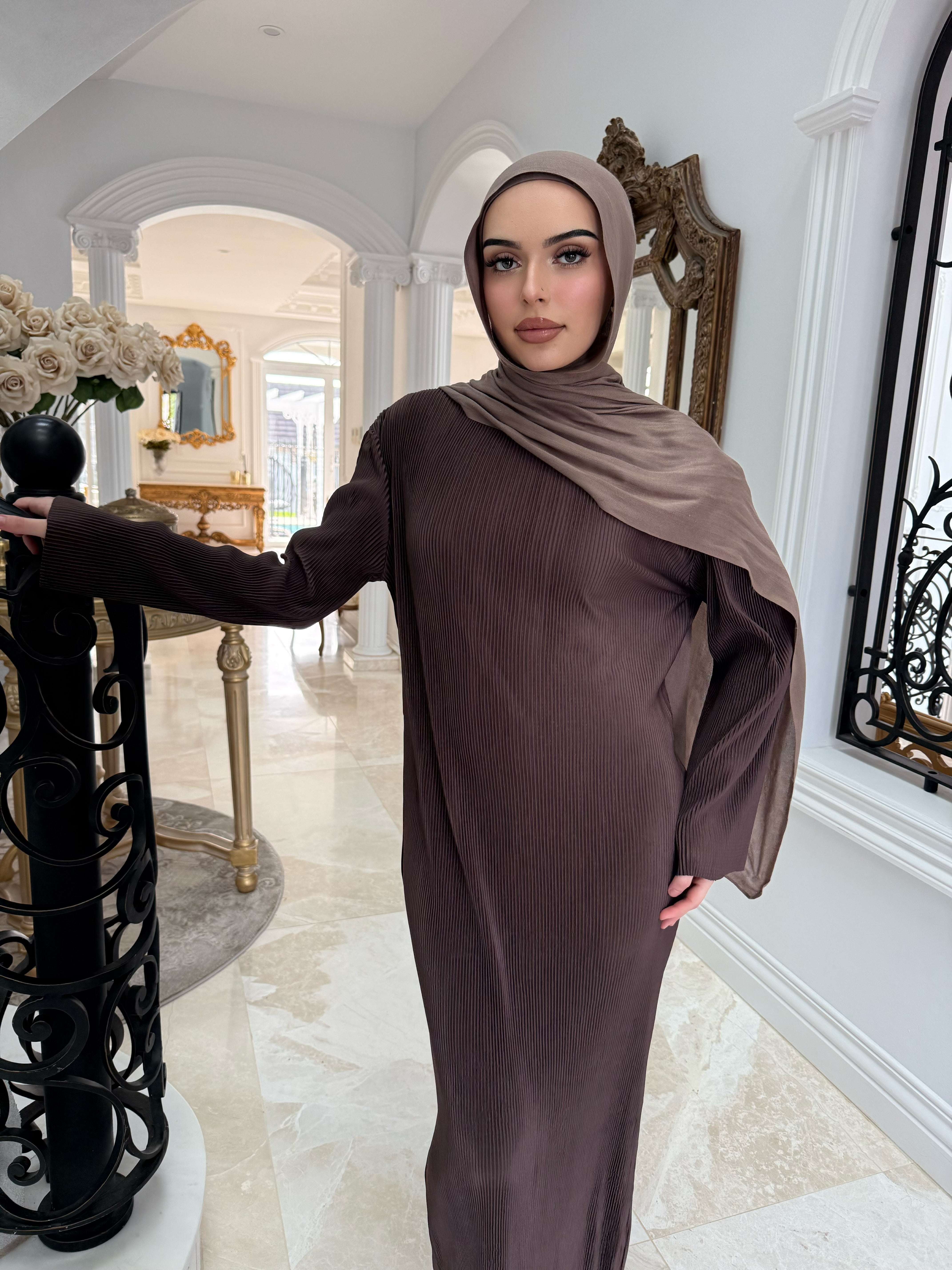 Brown Pleated Abaya Set