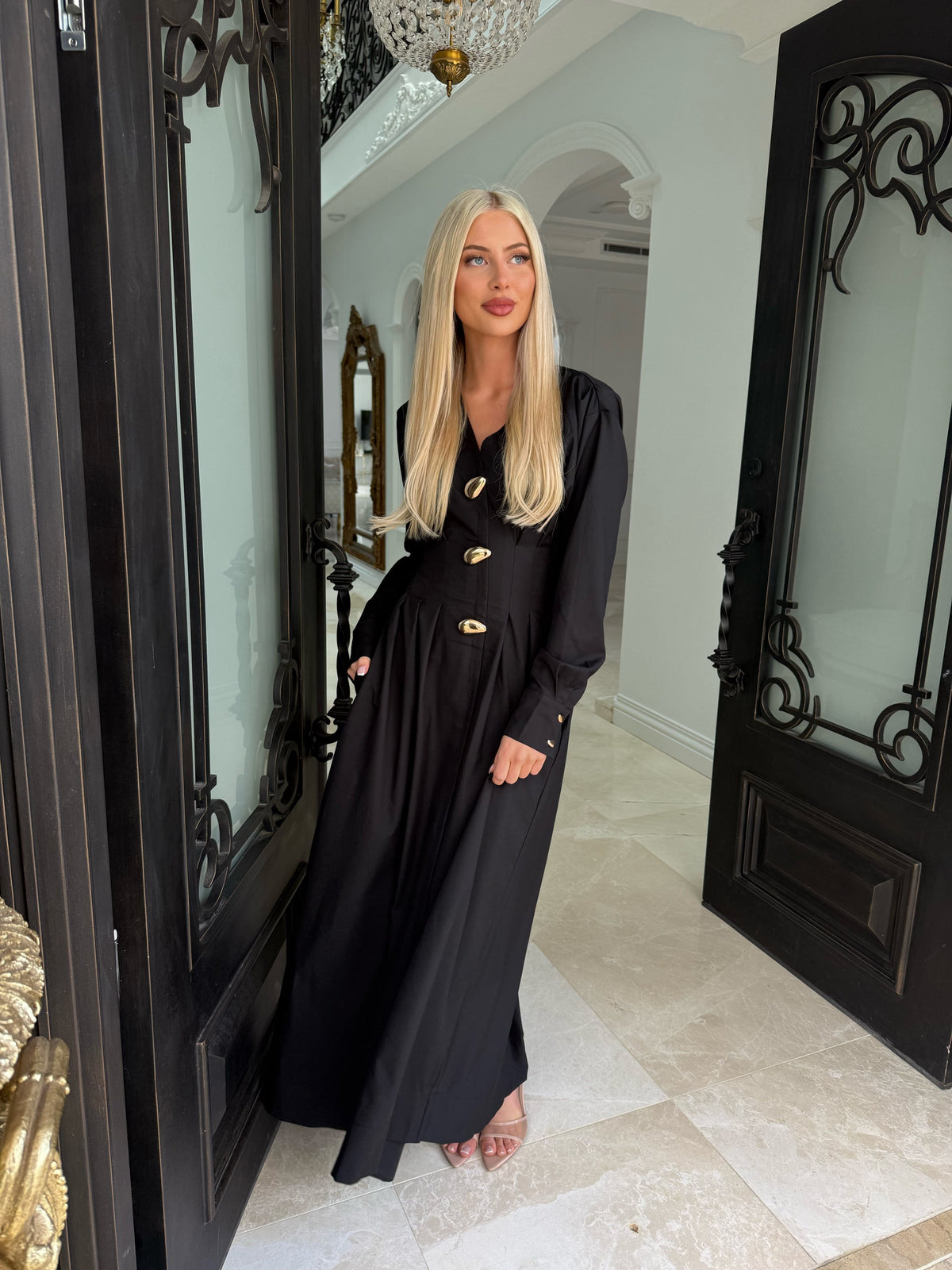 Pleated Gold Button Dress