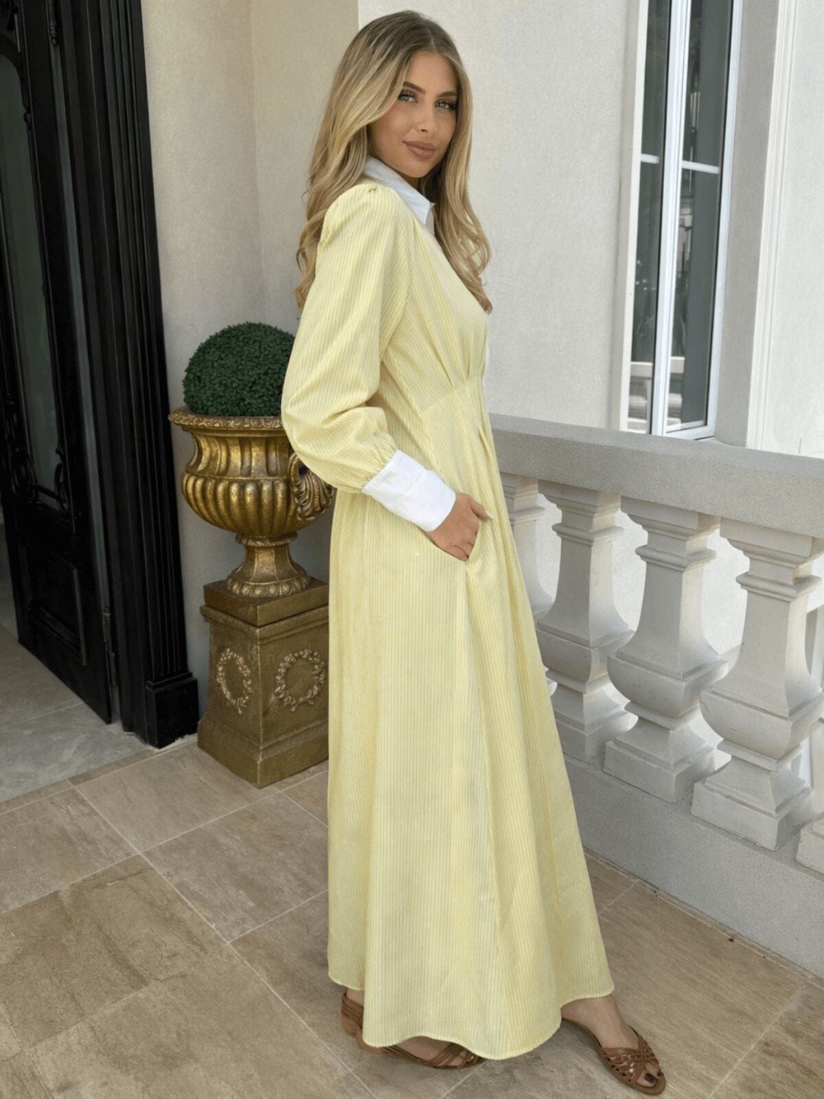 Pinstripe Gathered Dress