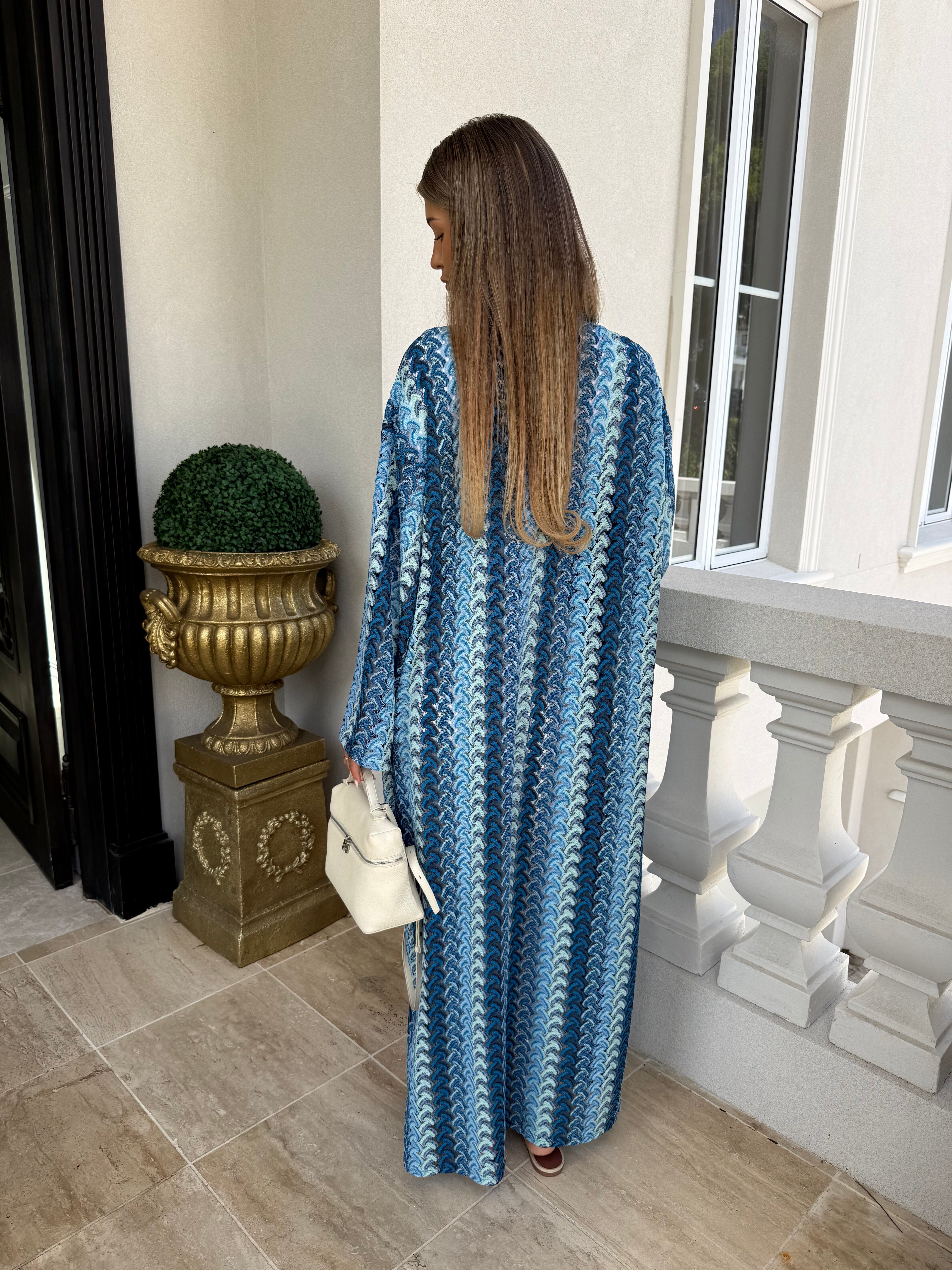 Blue Aztec Crochet Open Abaya