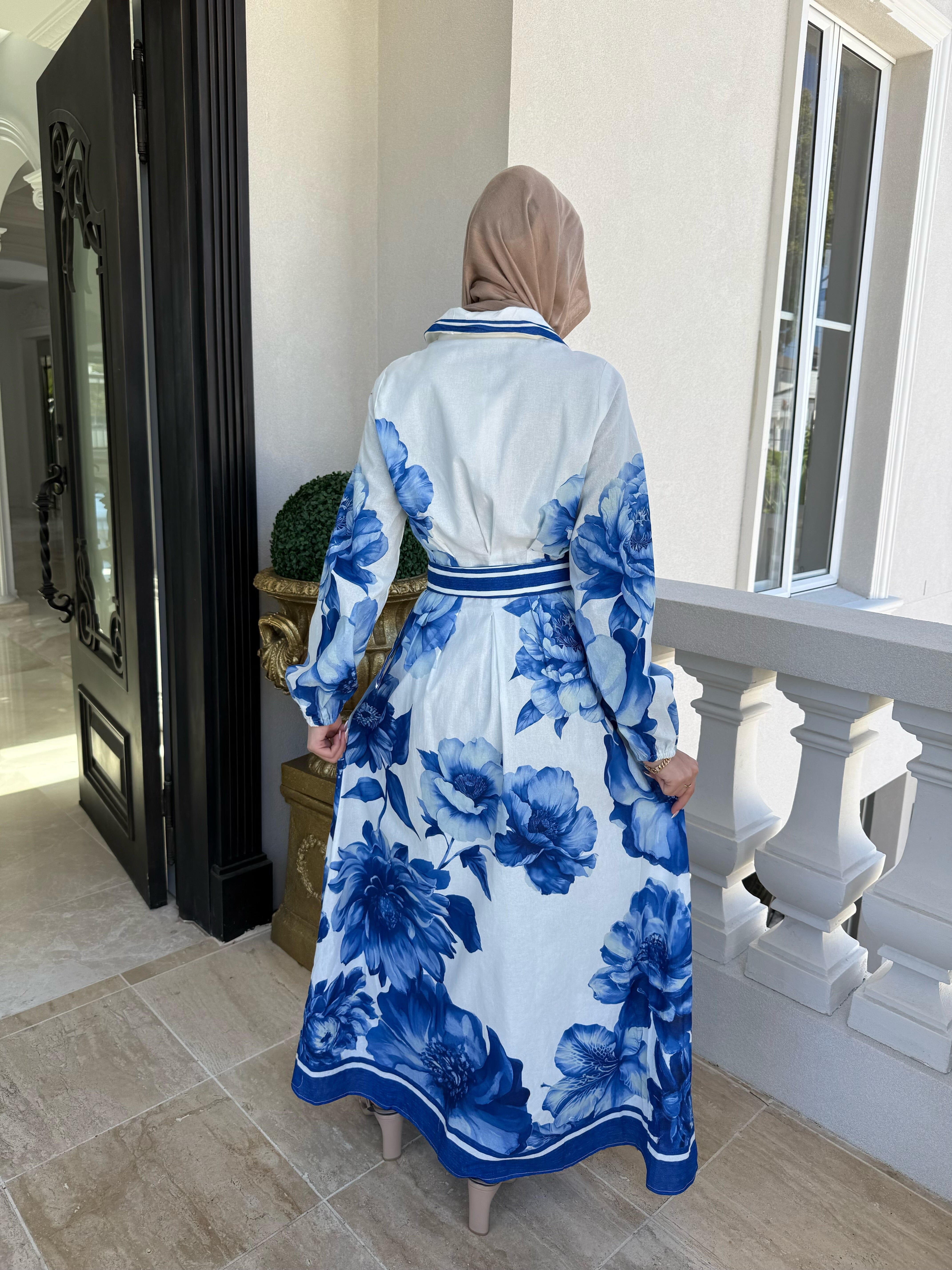 Linen Blue Floral Dress