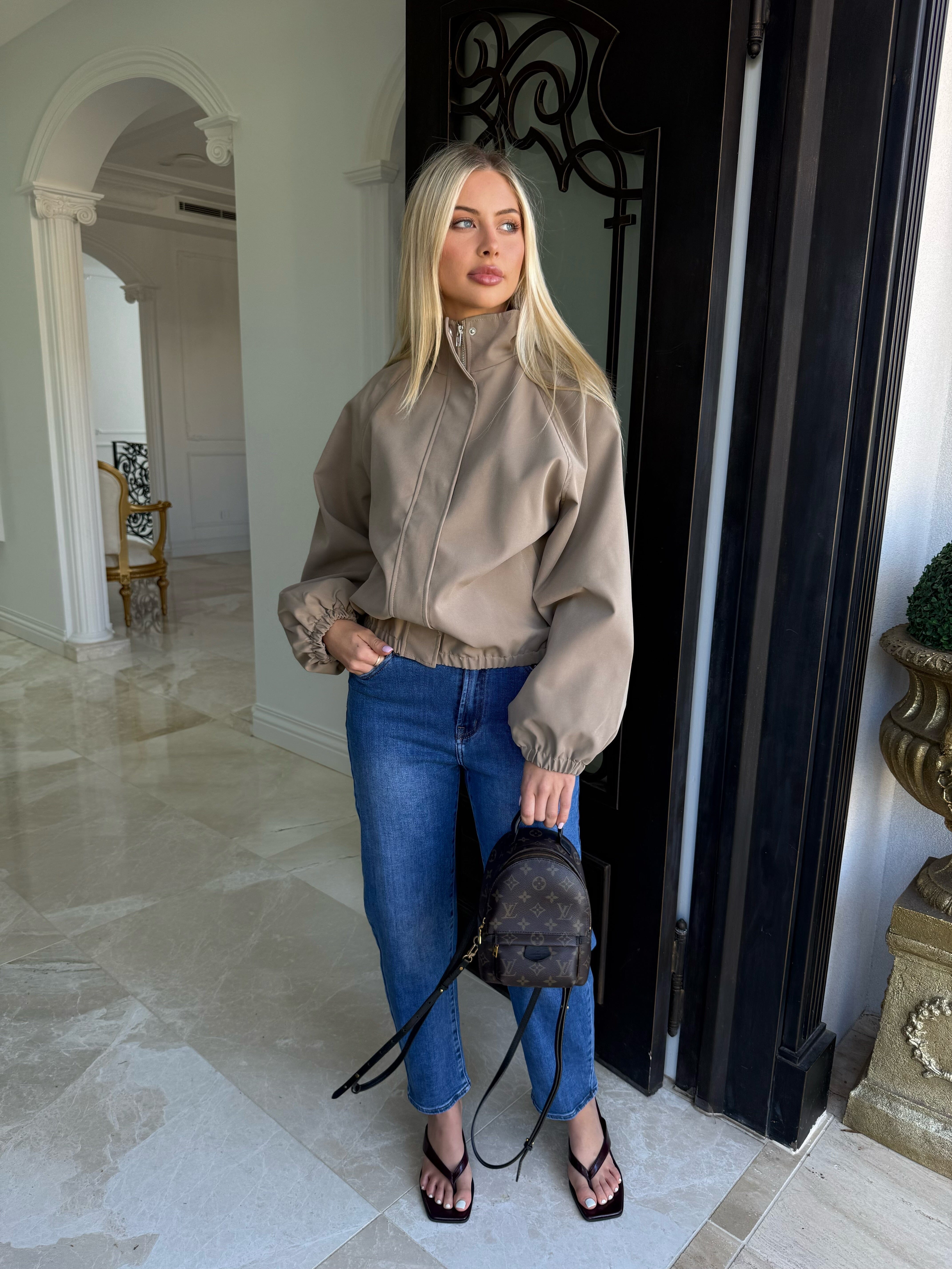 Beige Zip Bomber Jacket