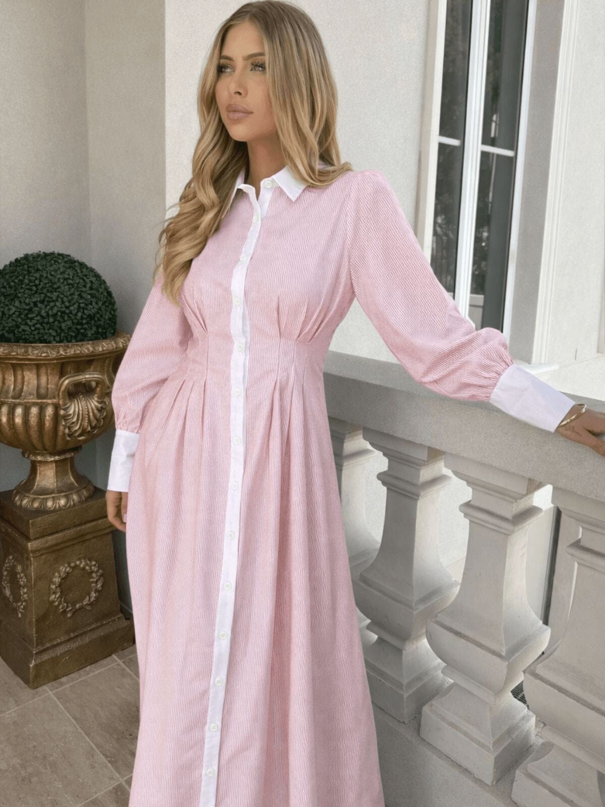 Pinstripe Gathered Dress