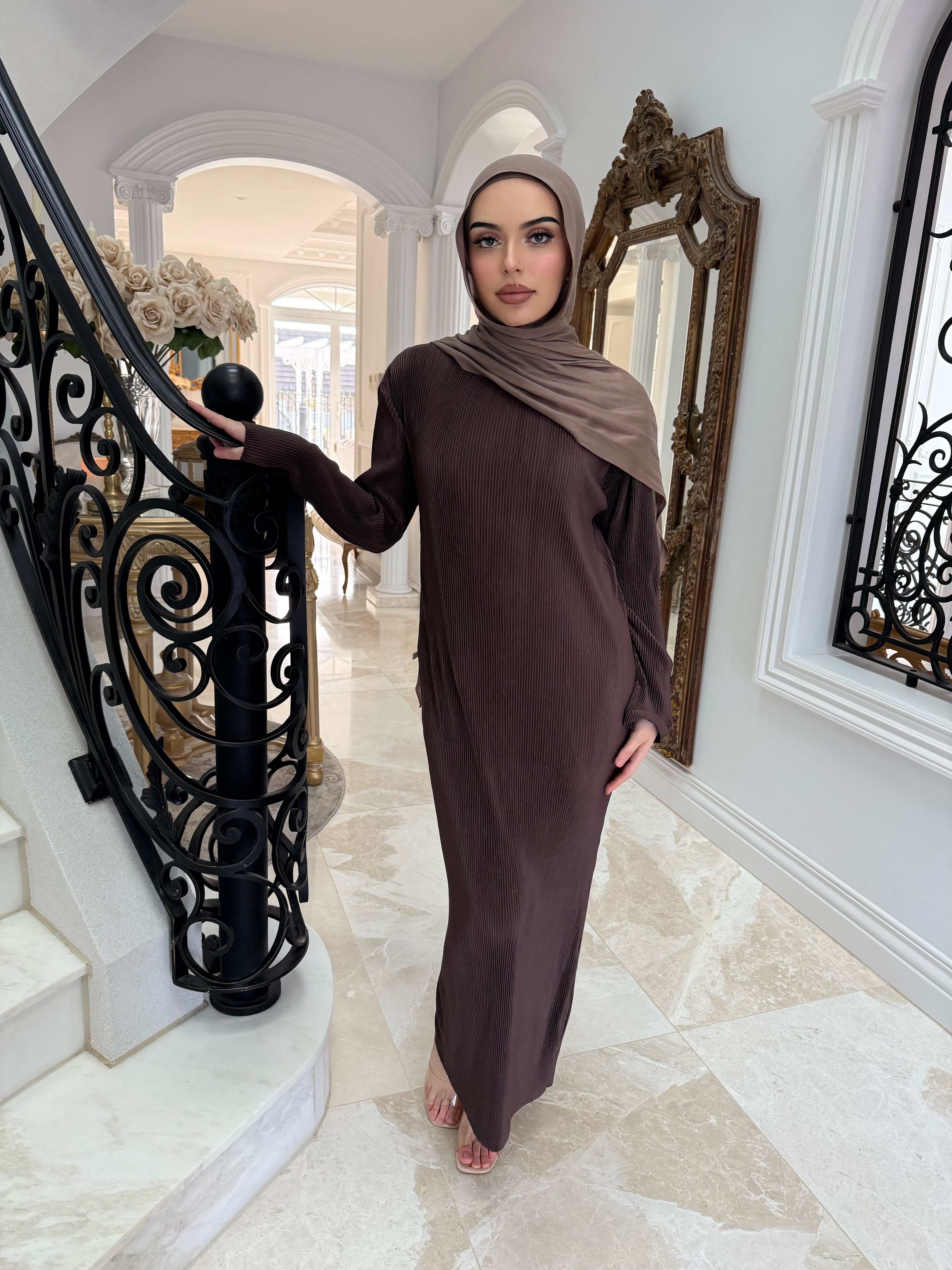 Brown Pleated Abaya Set