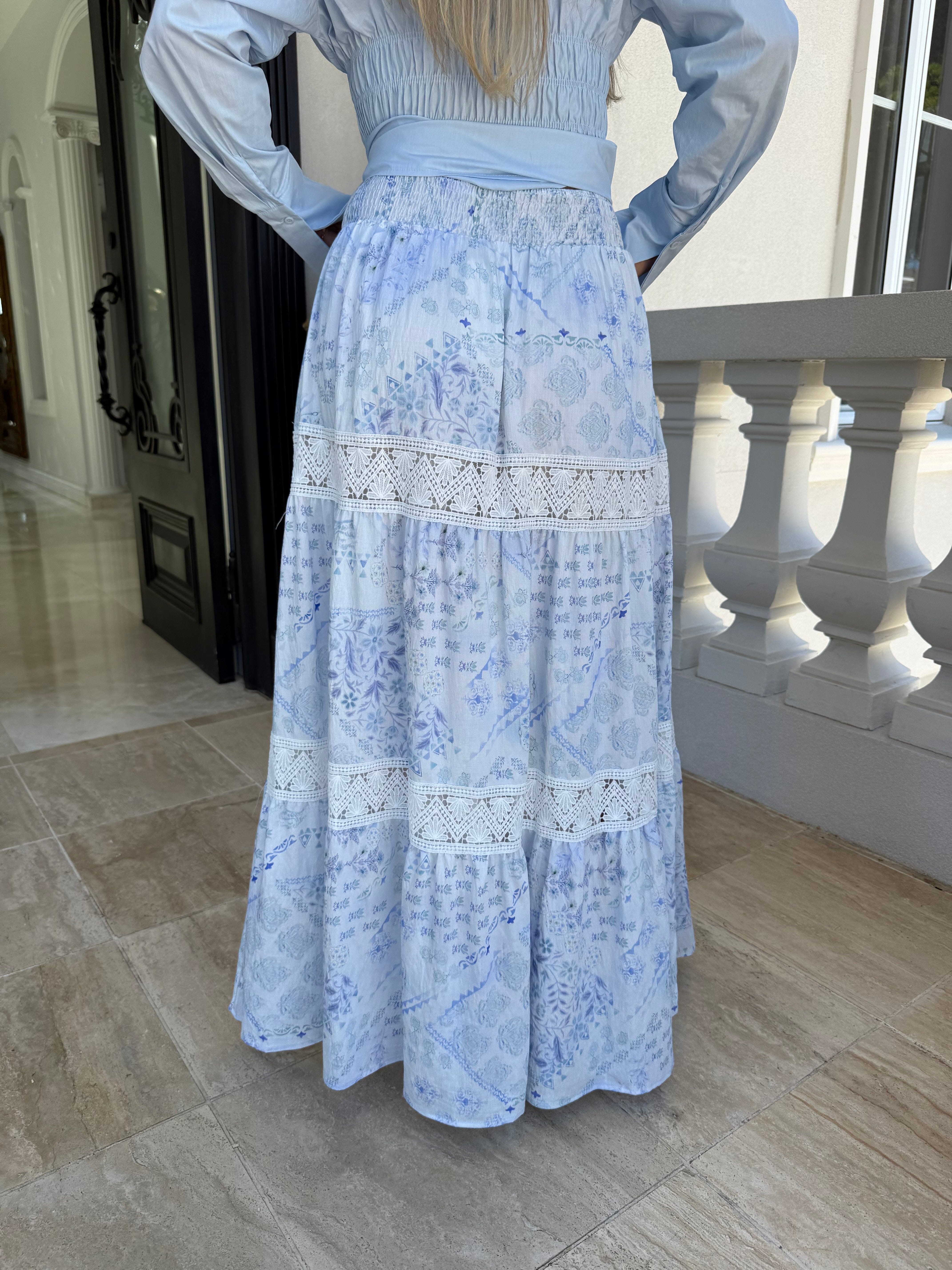 Blue Printed Lace Skirt