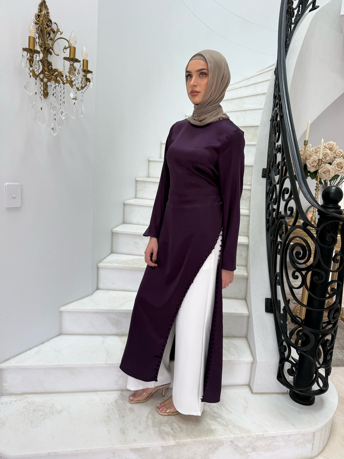 Snap Button Tunic Satin Button Split Tunic